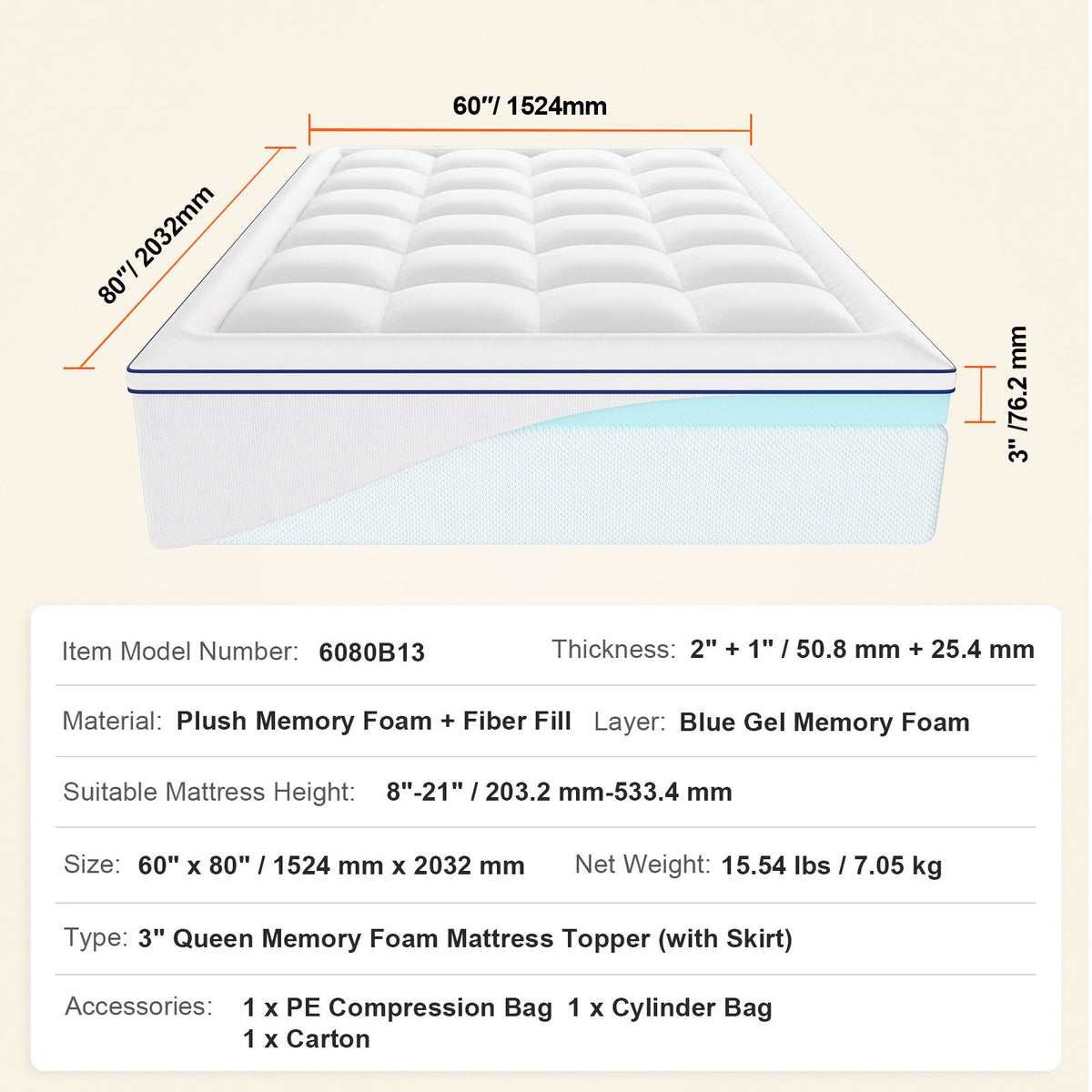 Mattress Topper, Queen Size, 76.2 mm Thickness, Memory Foam, Fiber Fill, Detachable & Washable, Ergonomically Designed for Pressure Relief, Comfortable Cooling & Breathable, for Hot Sleepers
