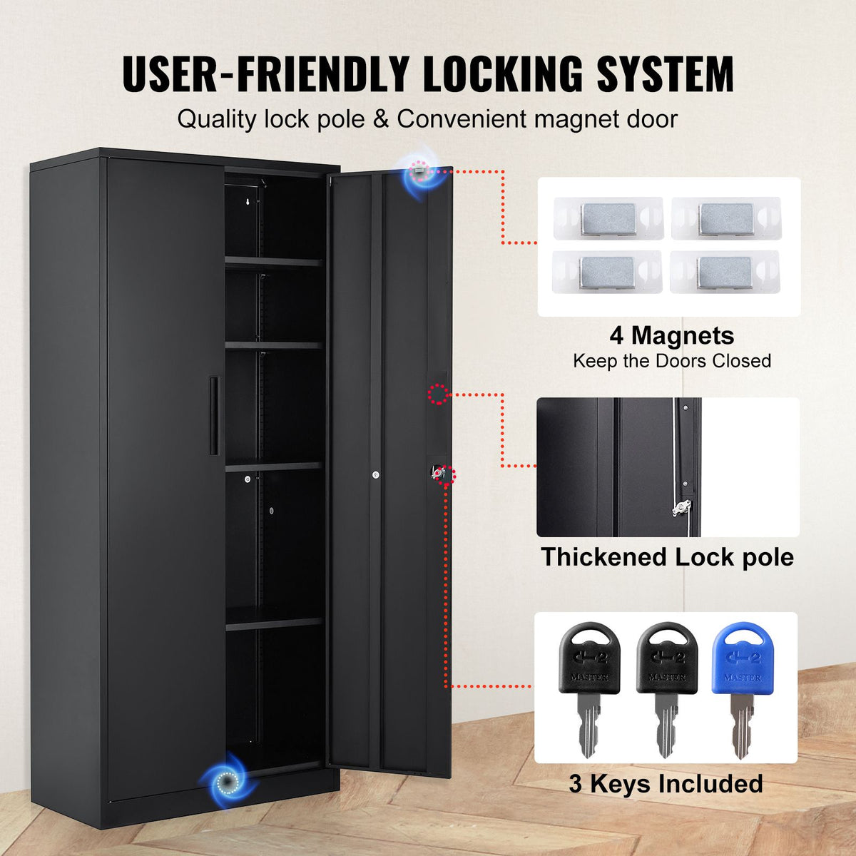 Metal Storage Cabinet with 2 Magnetic Doors and 4 Adjustable Shelves, 90 kg Capacity per Shelf, Locking Steel Storage Cabinet, 1.8 m Metal Cabinet with 3 Keys, for Office, Garage, Home, Black