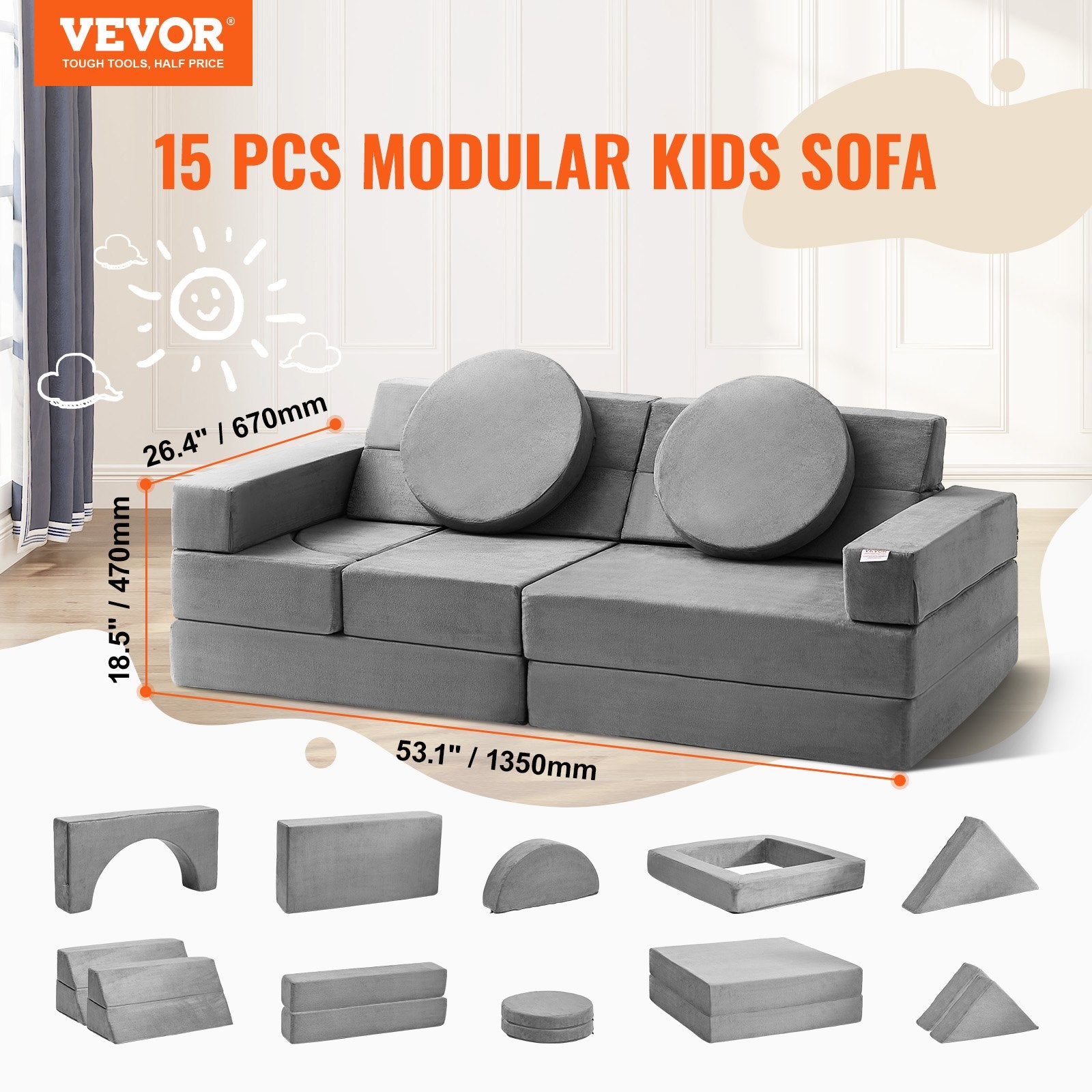 VEVOR Play Couch, 15pcs Modular Kids Nugget Couch, Toddler Foam Sofa Couch with High-density 25D Sponge for Playing, Creativing, Sleeping, Imaginative Kids Furniture for Bedroom and Playroom