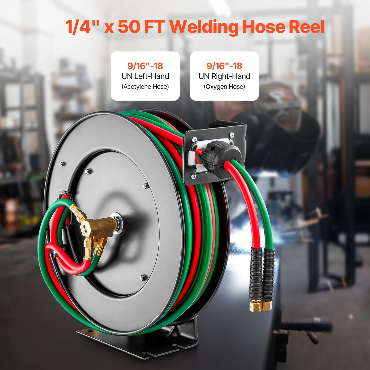 Retractable Welding Hose Reel 1/4 in x 50FT Oxygen Acetylene Rubber Hose R Grade