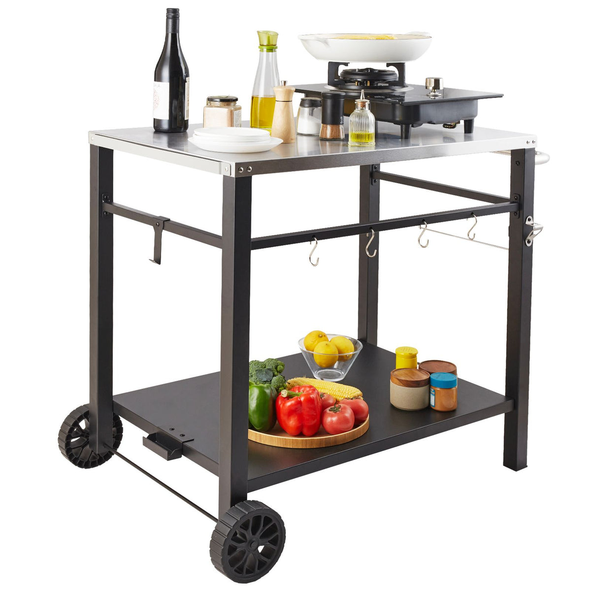 Outdoor Grill Dining Cart with Double-Shelf, 85*55cm BBQ Movable Food Prep Table, Multifunctional Stainless Steel Table Top, Portable Modular Carts for Pizza Oven, Worktable with 2 Wheels, Carry Handle