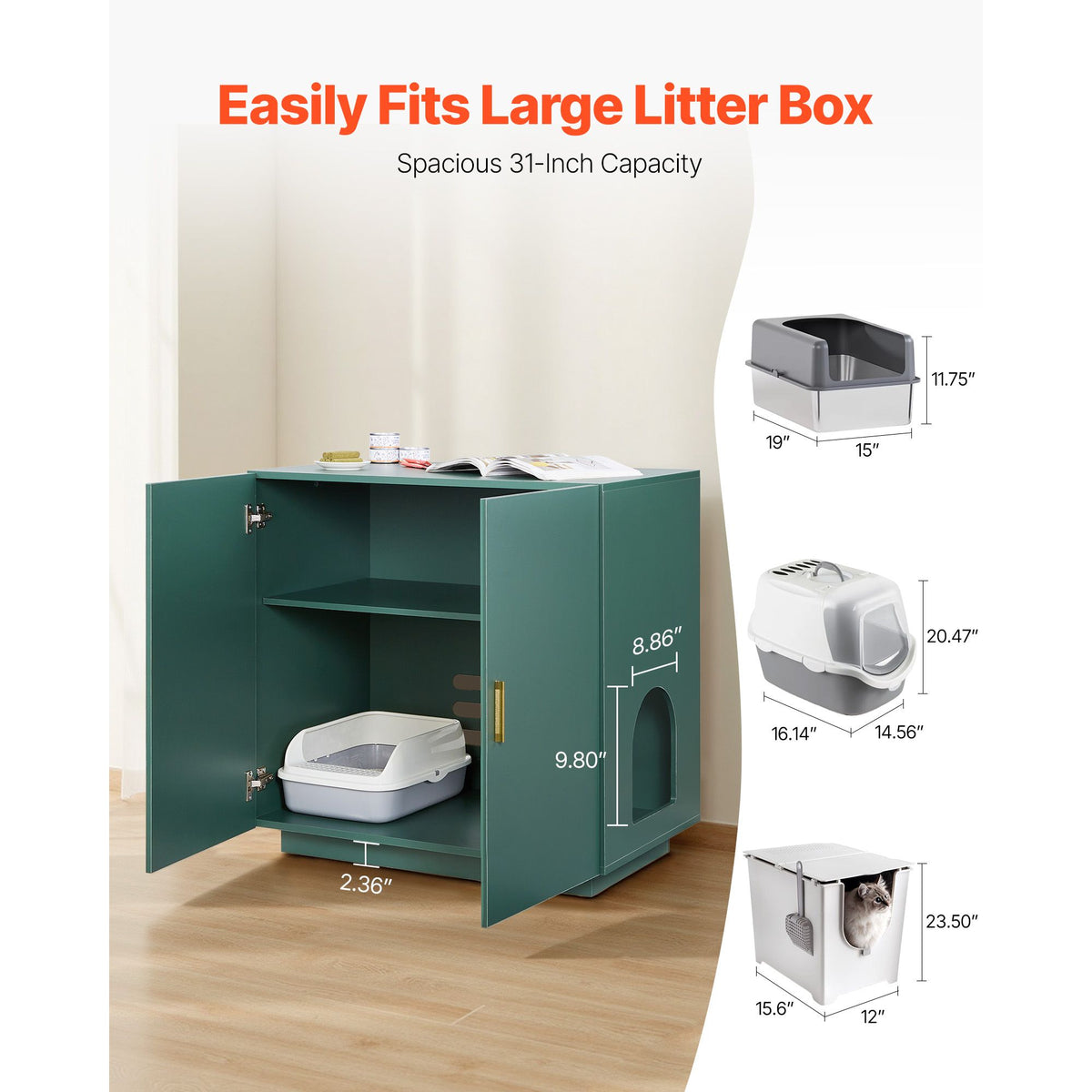 Cat Litter Box Enclosure, 80 cm Hidden Litter Box Cabinet, Wooden Indoor Cat Washroom with Ventilated Holes, Double-Door Kitty Pet House Furniture, End Side Table Fit Most Litterboxes