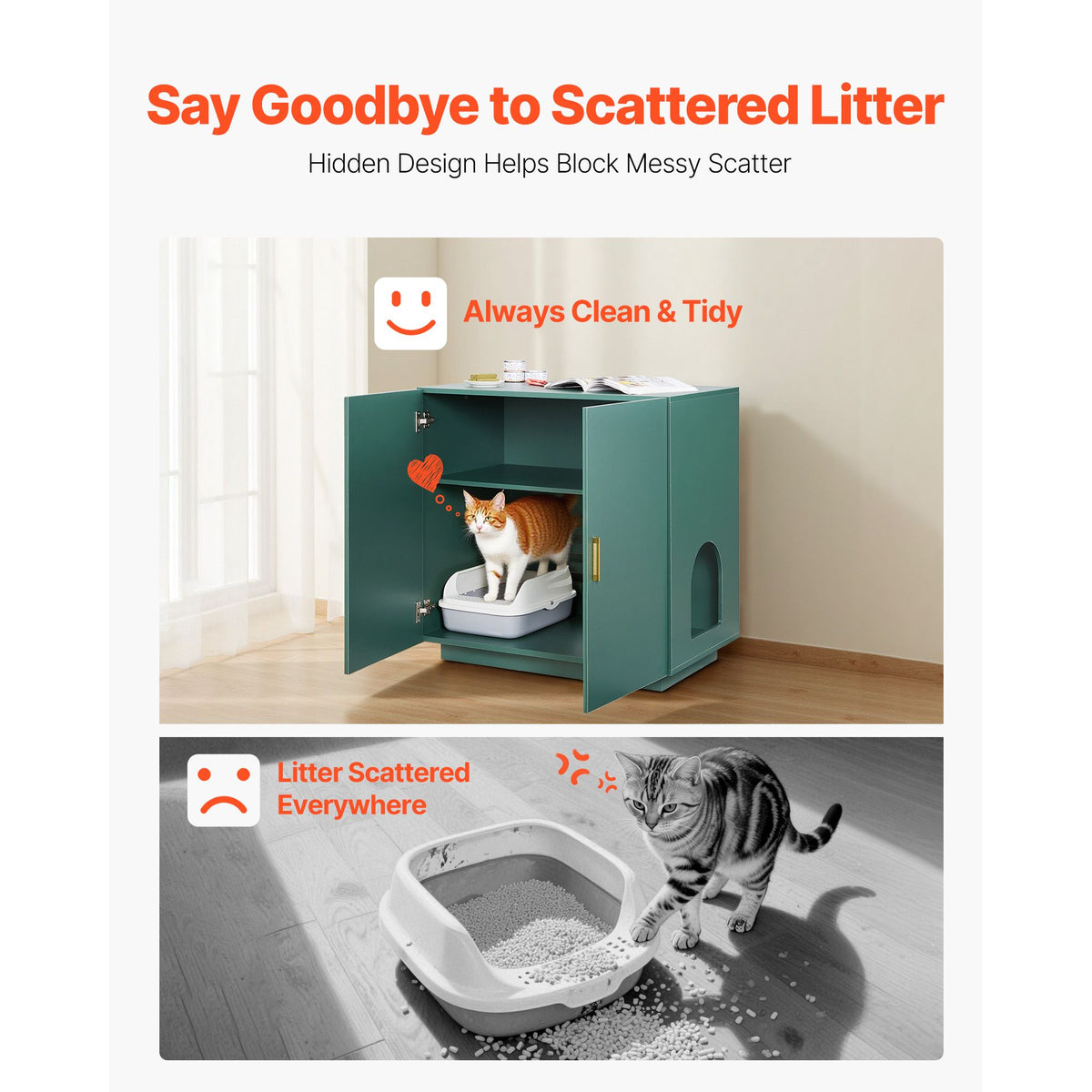 Cat Litter Box Enclosure, 80 cm Hidden Litter Box Cabinet, Wooden Indoor Cat Washroom with Ventilated Holes, Double-Door Kitty Pet House Furniture, End Side Table Fit Most Litterboxes