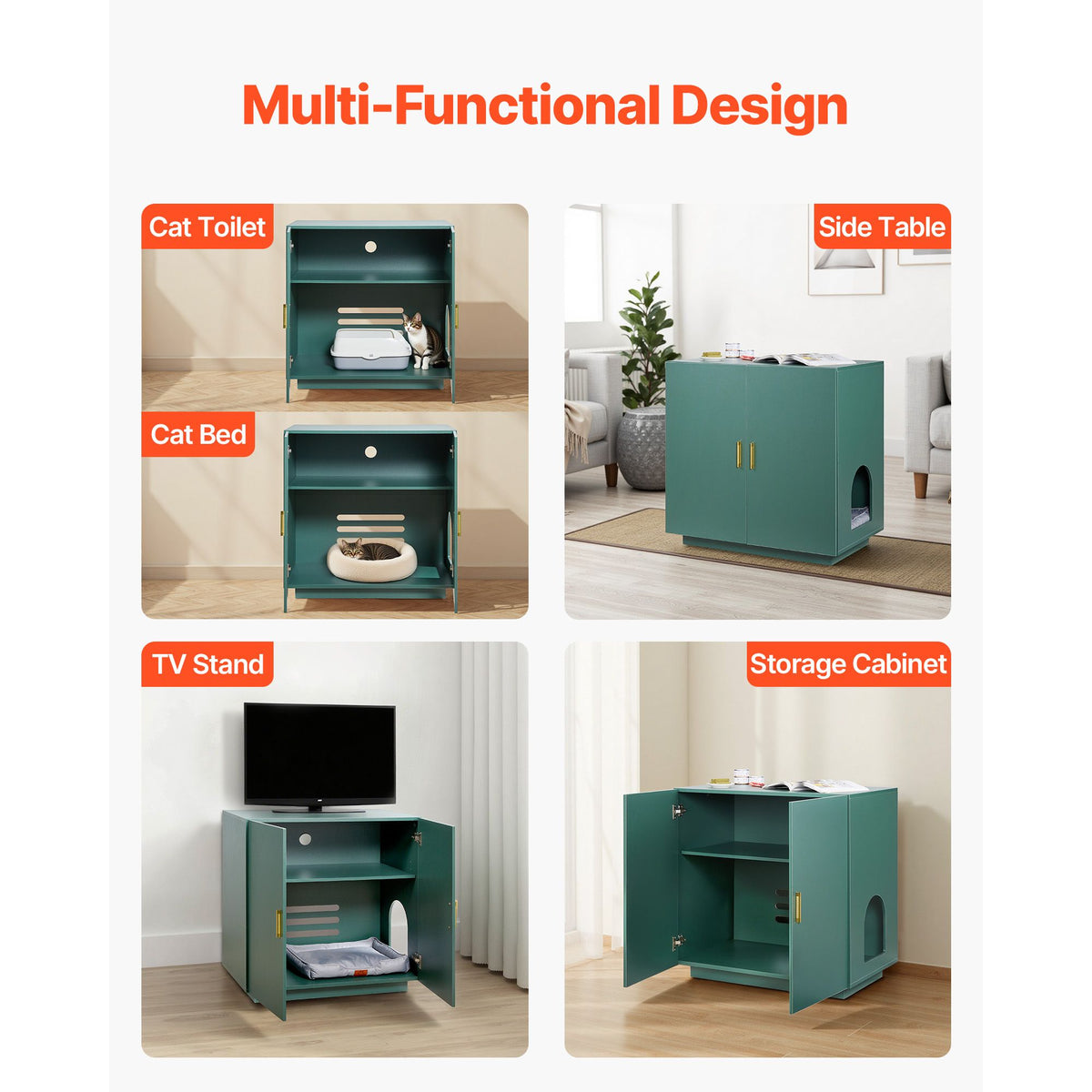 Cat Litter Box Enclosure, 80 cm Hidden Litter Box Cabinet, Wooden Indoor Cat Washroom with Ventilated Holes, Double-Door Kitty Pet House Furniture, End Side Table Fit Most Litterboxes