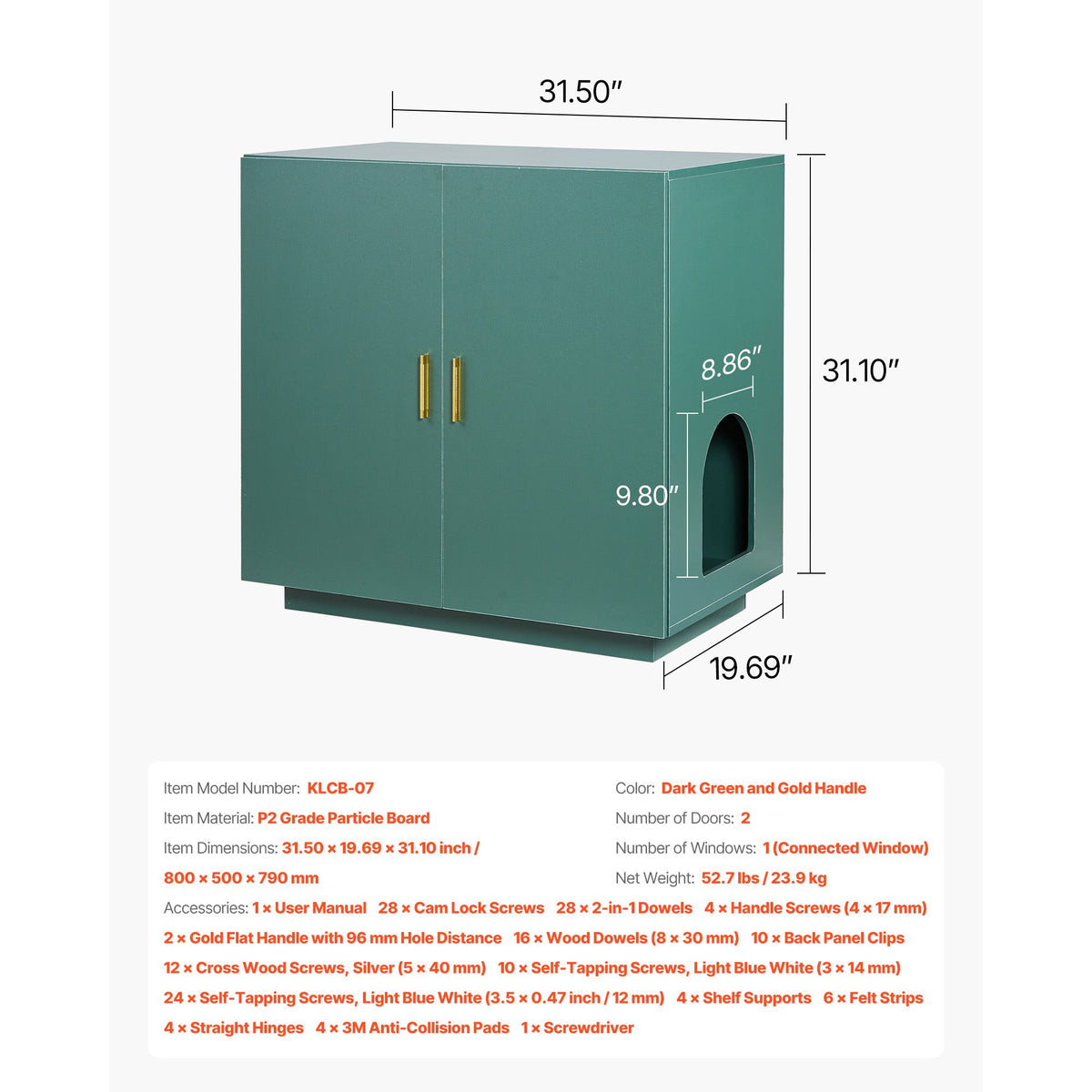 Cat Litter Box Enclosure, 80 cm Hidden Litter Box Cabinet, Wooden Indoor Cat Washroom with Ventilated Holes, Double-Door Kitty Pet House Furniture, End Side Table Fit Most Litterboxes