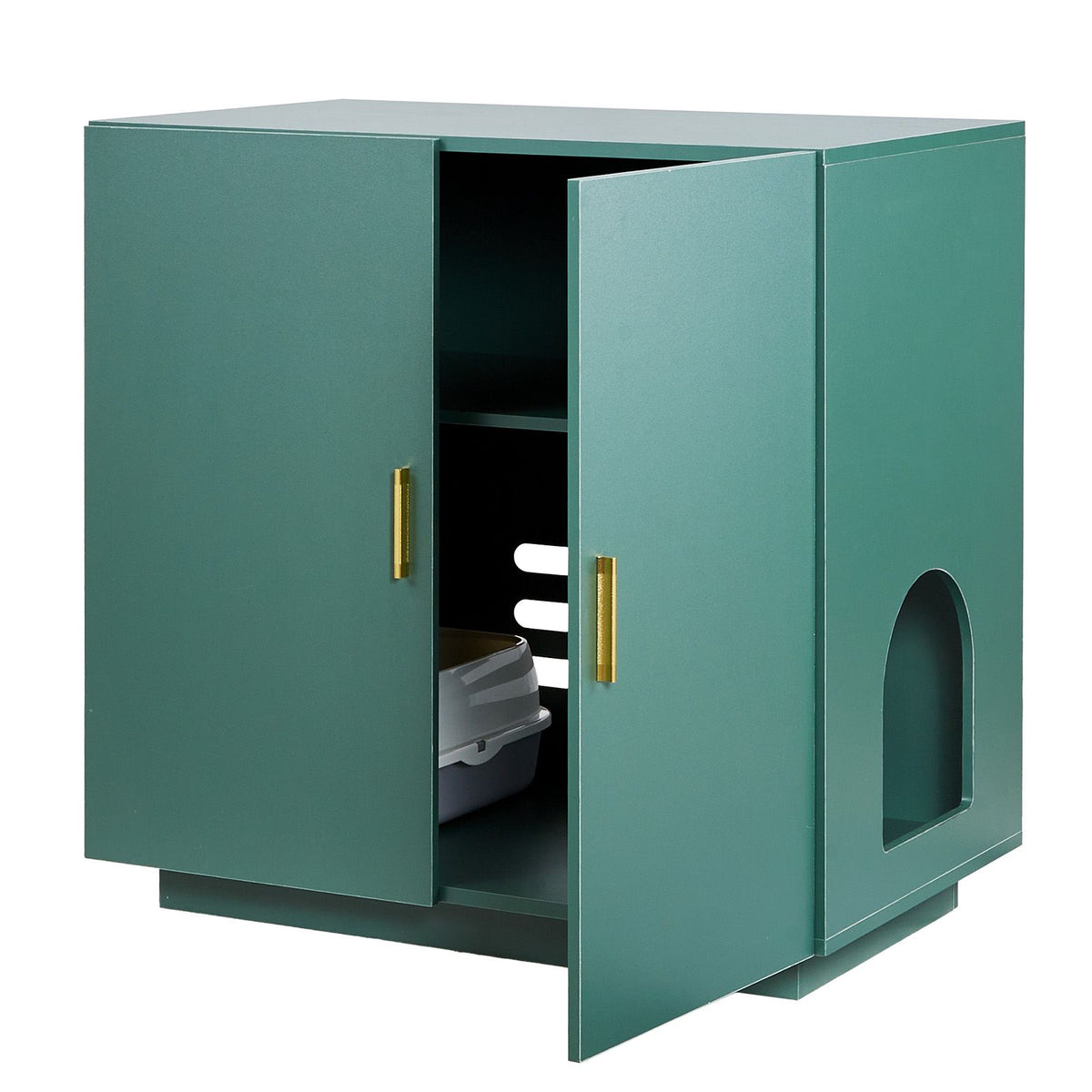 Cat Litter Box Enclosure, 80 cm Hidden Litter Box Cabinet, Wooden Indoor Cat Washroom with Ventilated Holes, Double-Door Kitty Pet House Furniture, End Side Table Fit Most Litterboxes