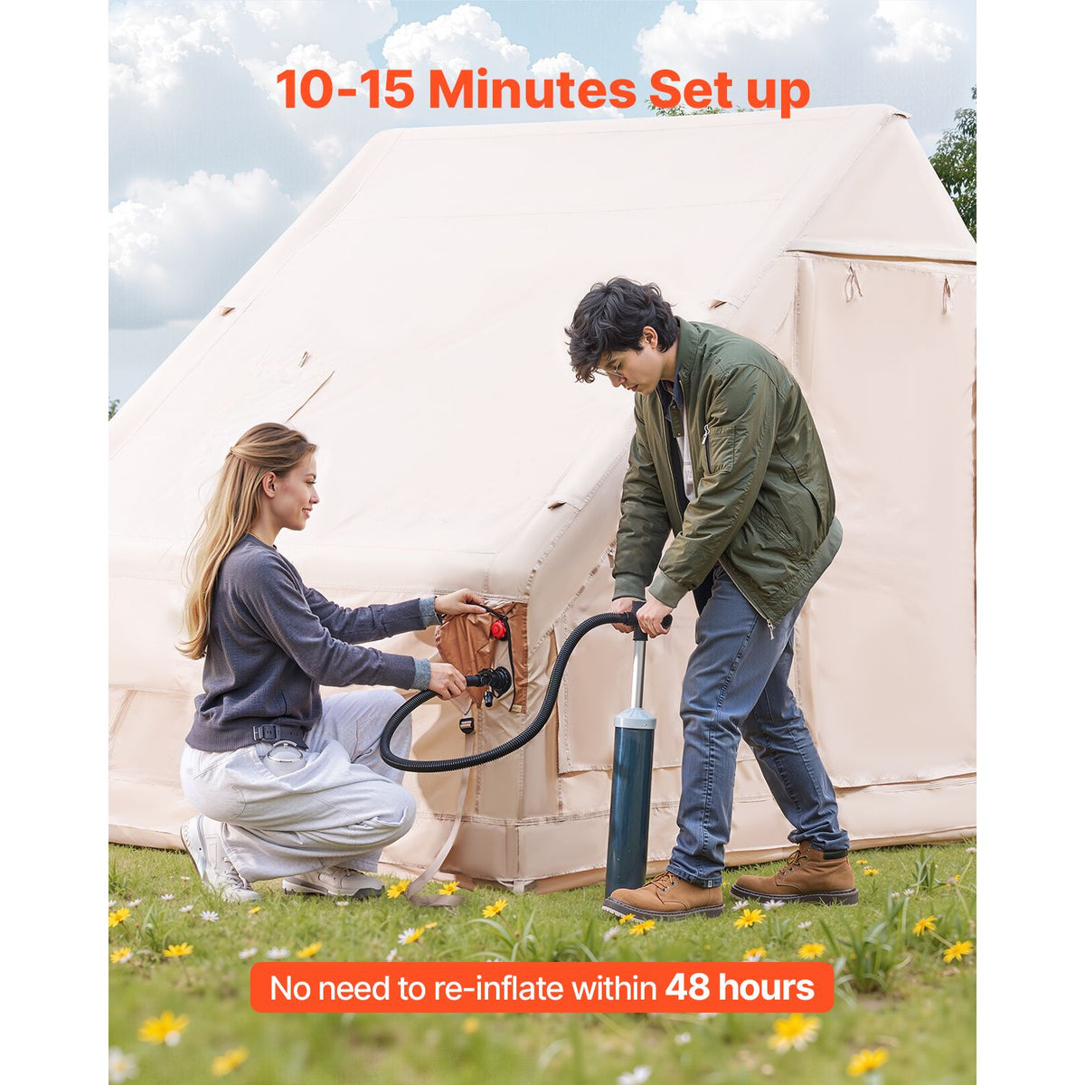 Inflatable Tents for Camping, 4-6 Person Easy Setup Blow up Tent with Hand Pump, 300D Oxford 4 Season Glamping Tent with Stove Jack 2 Doors & 4 Mesh Windows, Storage Bag Included for Easy Taking