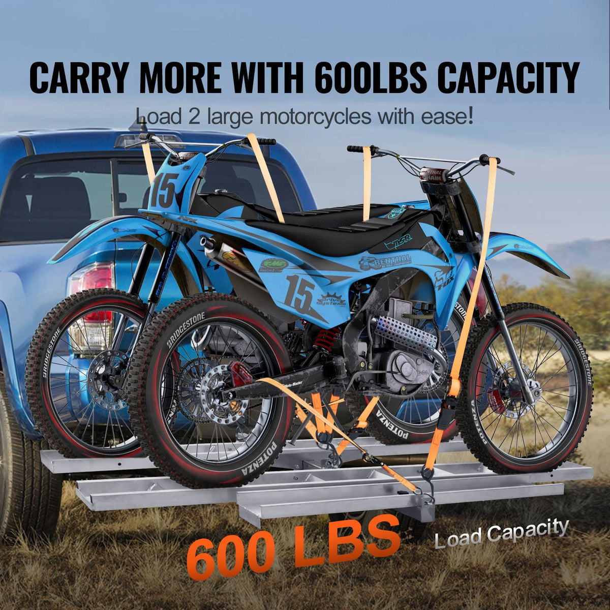 Motorcycle Carrier, 2-Bike 272.15KGS Aluminum Motorcycle Carrier Hitch Mount, Loading Ramp, Scooter Dirt Bike Trailer Hauler, Ratchet Straps and Stabilizer, for Car, Truck with 2" Hitch Receiver
