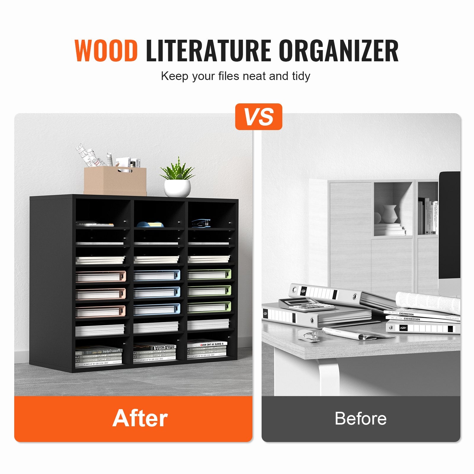 VEVOR Wood Literature Organizer Adjustable File Sorter 24 Compartments Black