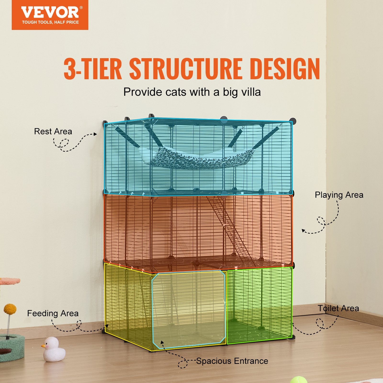 VEVOR Large 3-tier Cat Cage, 28 x 28 x 41", DIY Detachable Metal Wire Durable Cat Enclosure, with Large Hammock 2 Ramp Ladders, Fit for Cats Exercise Indoor & Outdoor, Ease of Assembly, Black