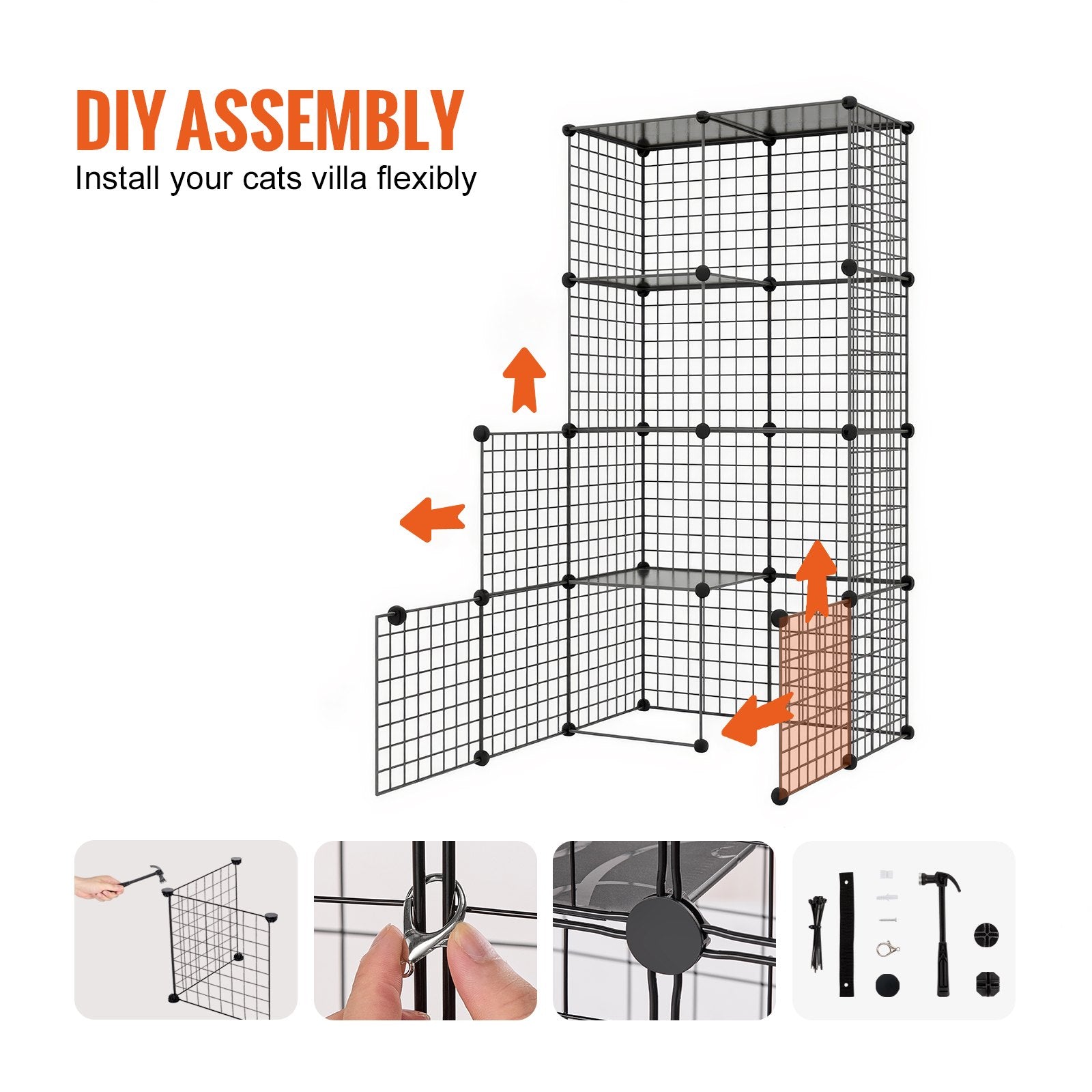 VEVOR Large 3-tier Cat Cage, 28 x 28 x 41", DIY Detachable Metal Wire Durable Cat Enclosure, with Large Hammock 2 Ramp Ladders, Fit for Cats Exercise Indoor & Outdoor, Ease of Assembly, Black