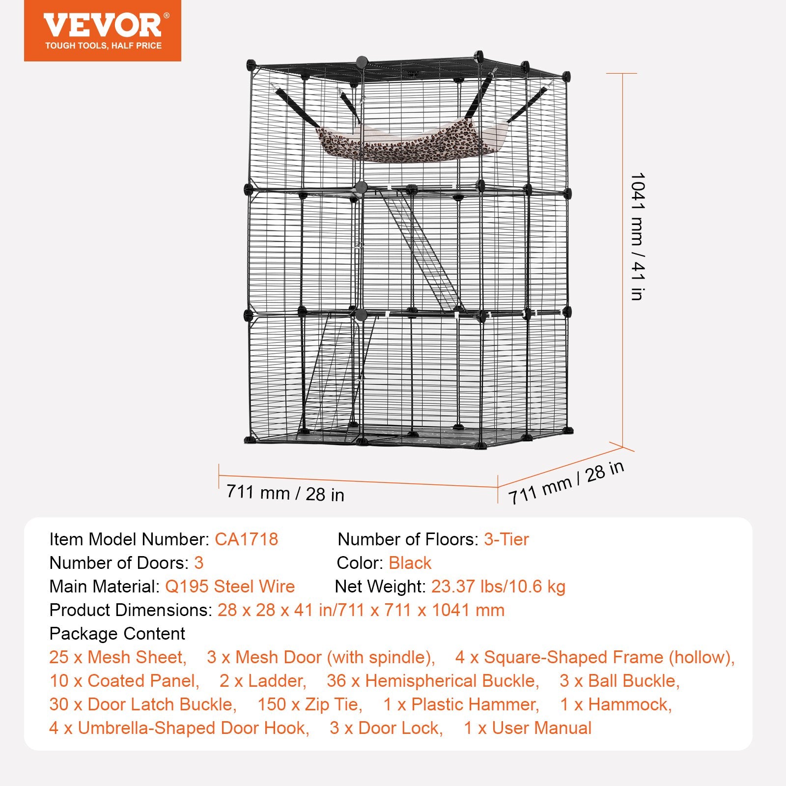 VEVOR Large 3-tier Cat Cage, 28 x 28 x 41", DIY Detachable Metal Wire Durable Cat Enclosure, with Large Hammock 2 Ramp Ladders, Fit for Cats Exercise Indoor & Outdoor, Ease of Assembly, Black