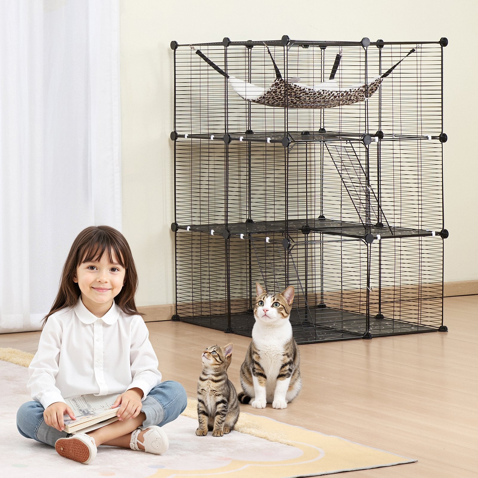 VEVOR Large 3-tier Cat Cage, 28 x 28 x 41", DIY Detachable Metal Wire Durable Cat Enclosure, with Large Hammock 2 Ramp Ladders, Fit for Cats Exercise Indoor & Outdoor, Ease of Assembly, Black