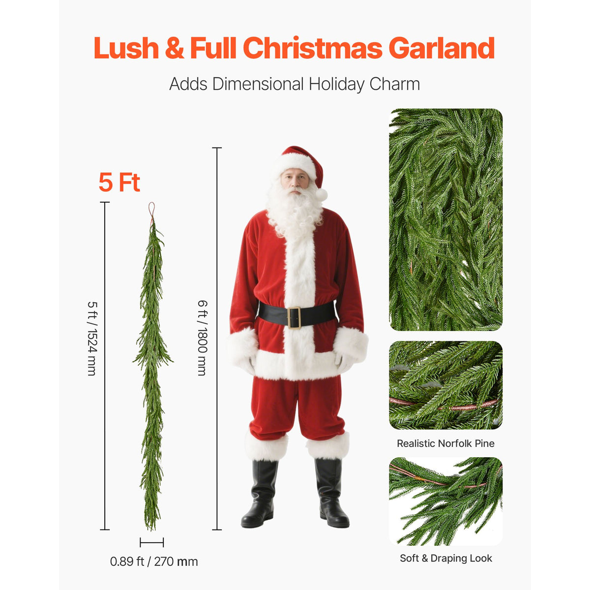 Christmas Garland, 1524 mm Realistic Norfolk Pine Garland, Evergreen Real Touch Artificial Faux Greenery Garlands, for Holiday Indoor Outdoor Xmas Decoration on Table, Mantel, and Fireplace