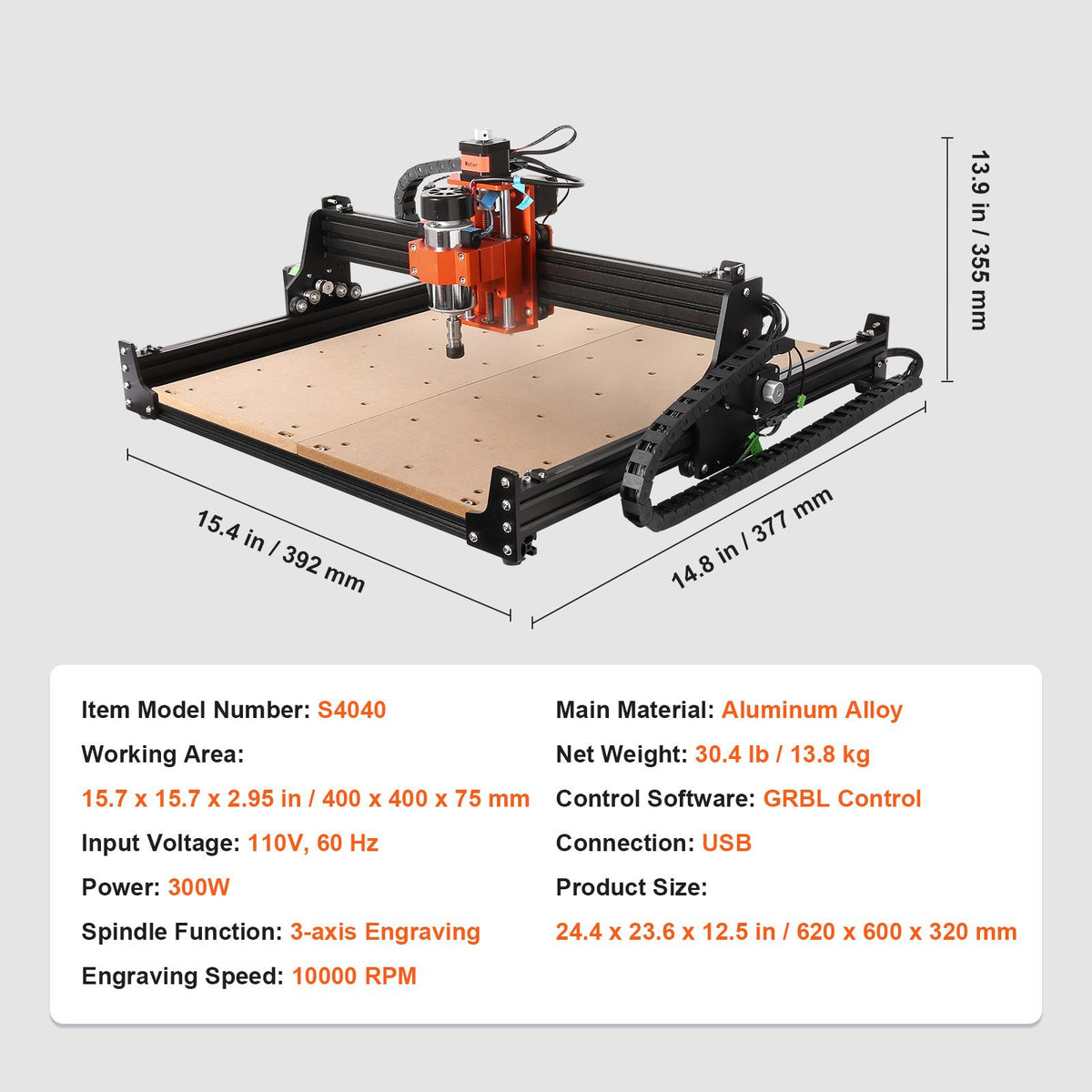 CNC Router Machine, 300W, 3 Axis GRBL Control Wood Engraving Carving Milling Machine Kit, 15.75 x 15.75 x 2.36 in / 400 x 400 x 60 mm Working Area 1200 RPM for Wood Acrylic MDF PVC Plastic Foam