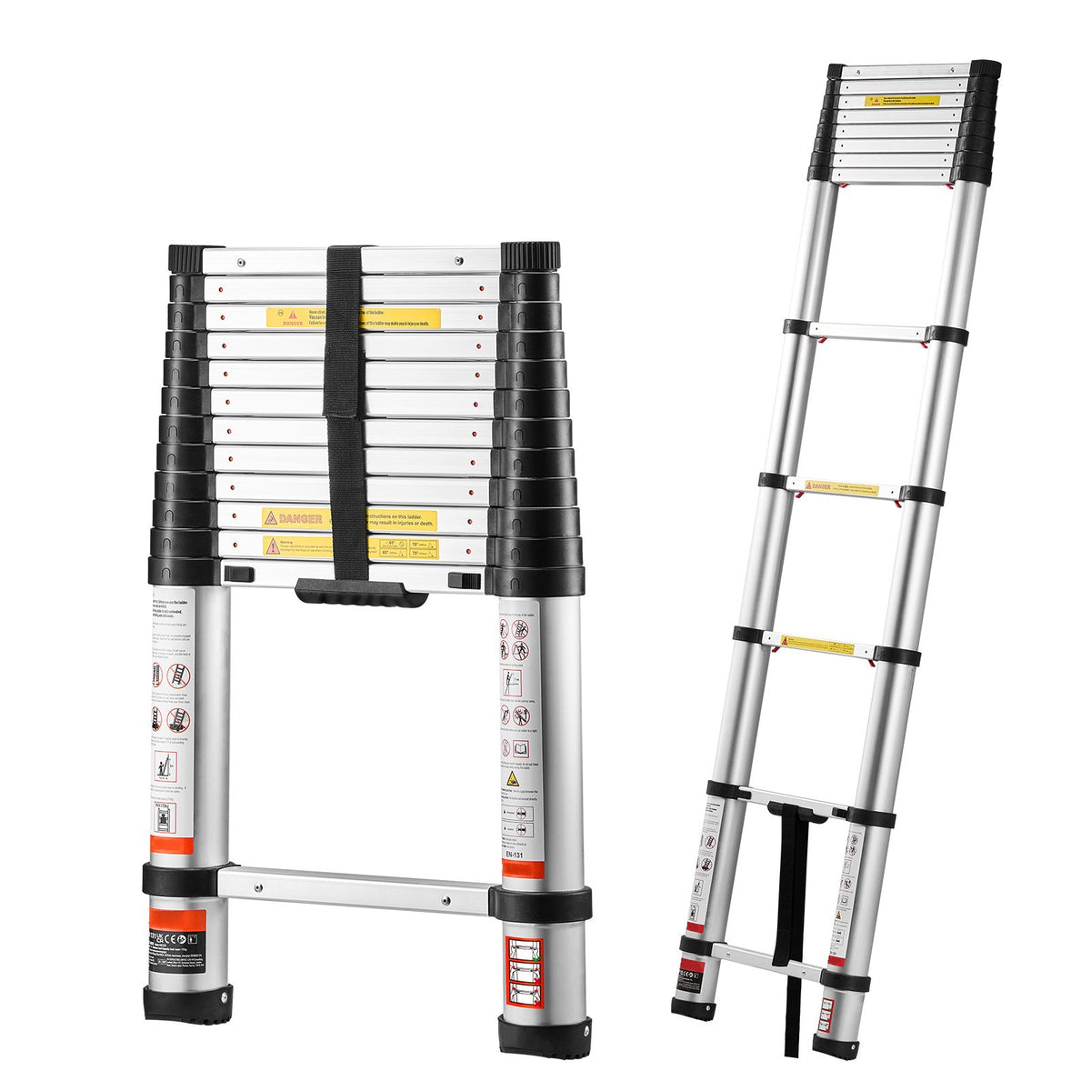 3.8m Telescoping Ladder, Aluminum Lightweight Multi-Purpose Collapsible Extension, One-Touch Retraction Ladder, Heavy Duty 150kg Max Capacity with Non-Slip Feet, for Home, Outdoor Work, Loft