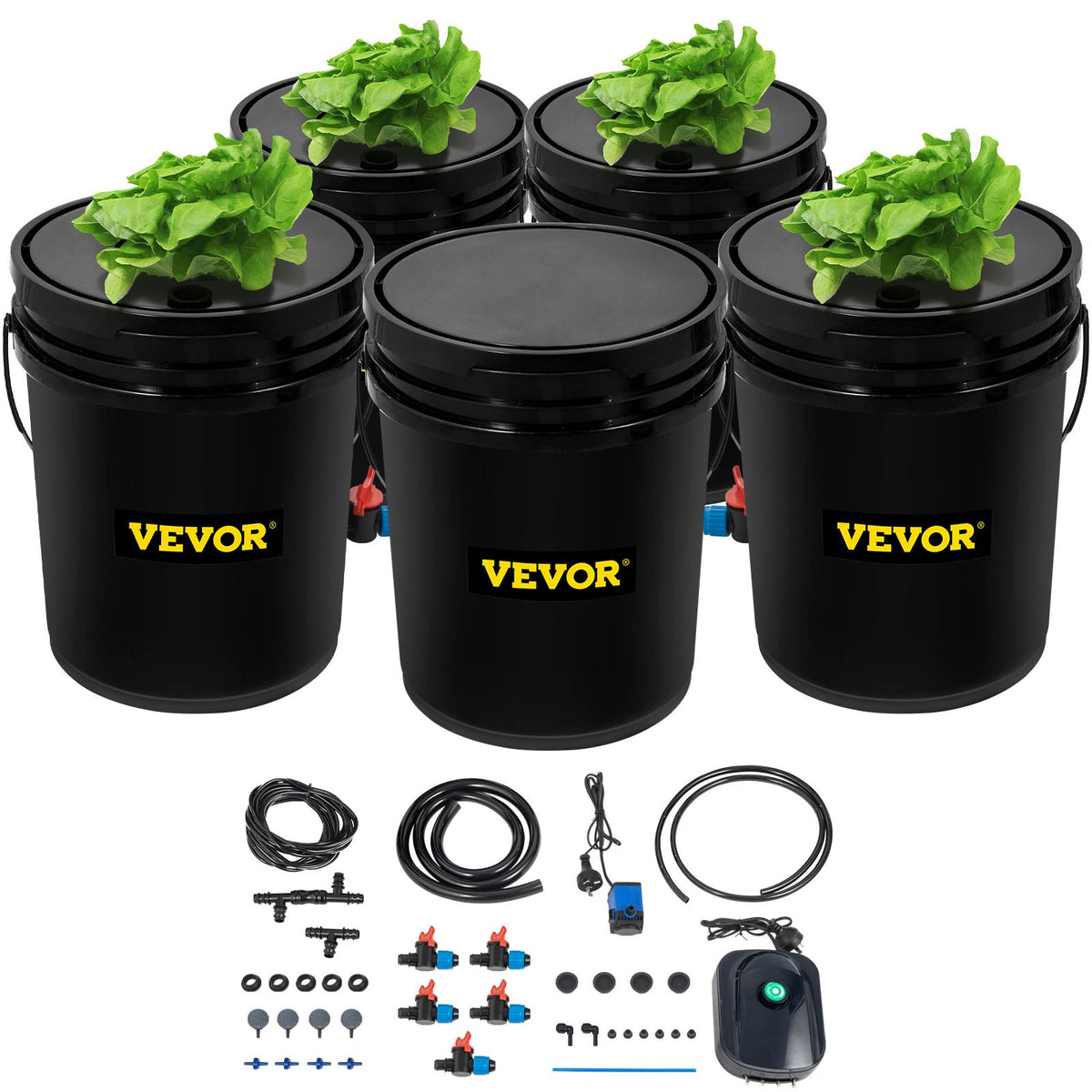 DWC Hydroponic System, 5 Gallon 5 Buckets, Deep Water Culture Growing Bucket, Hydroponics Grow Kit with Pump, Air Stone and Connected Reservoir, for Indoor/Outdoor Leafy Vegetables