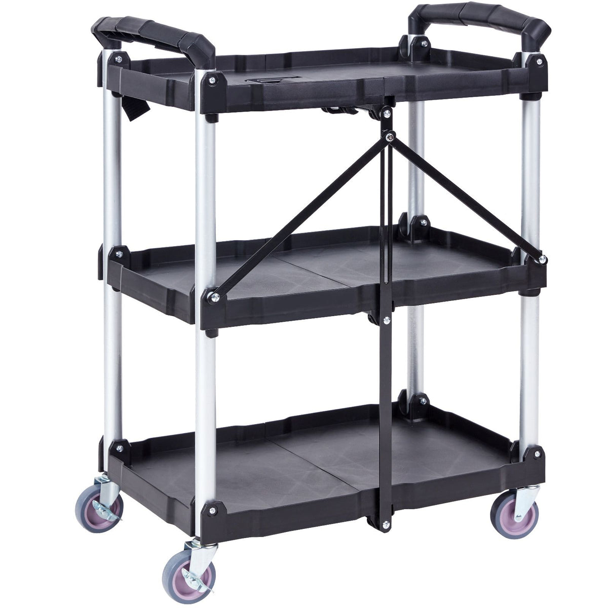 Foldable Utility Service Cart, 3 Shelf 165LBS Heavy Duty Plastic Rolling Cart with Lockable Wheels, Ergonomic Handle, Portable Garage Tool Cart for Warehouse/Office/Home(25.62"x15.43"x32.76")