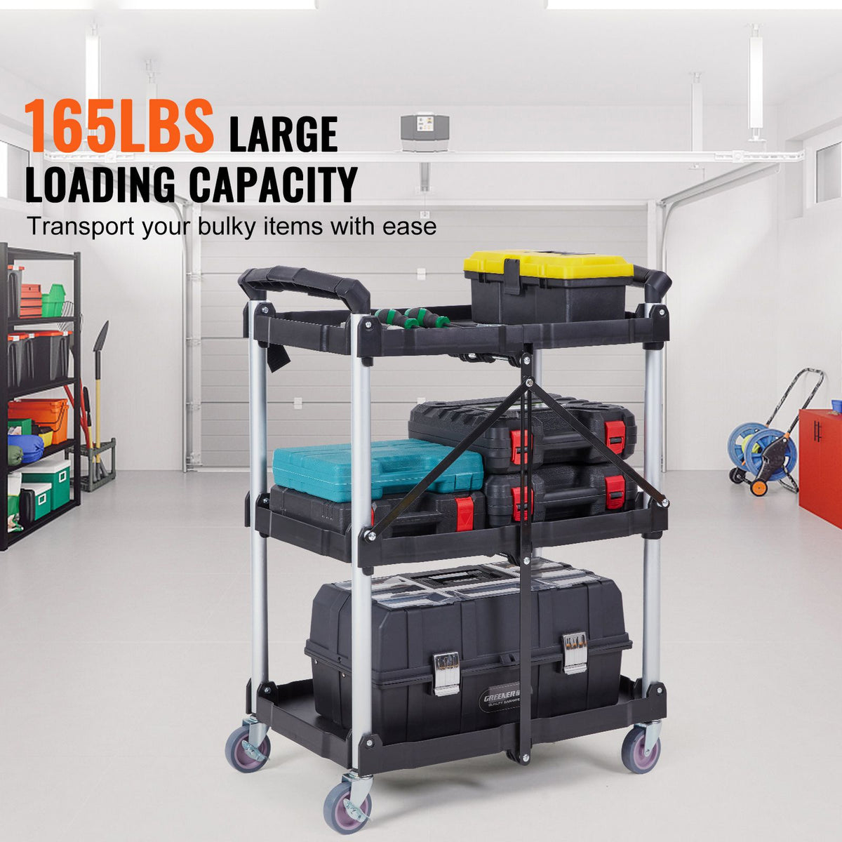 Foldable Utility Service Cart, 3 Shelf 165LBS Heavy Duty Plastic Rolling Cart with Lockable Wheels, Ergonomic Handle, Portable Garage Tool Cart for Warehouse/Office/Home(25.62"x15.43"x32.76")