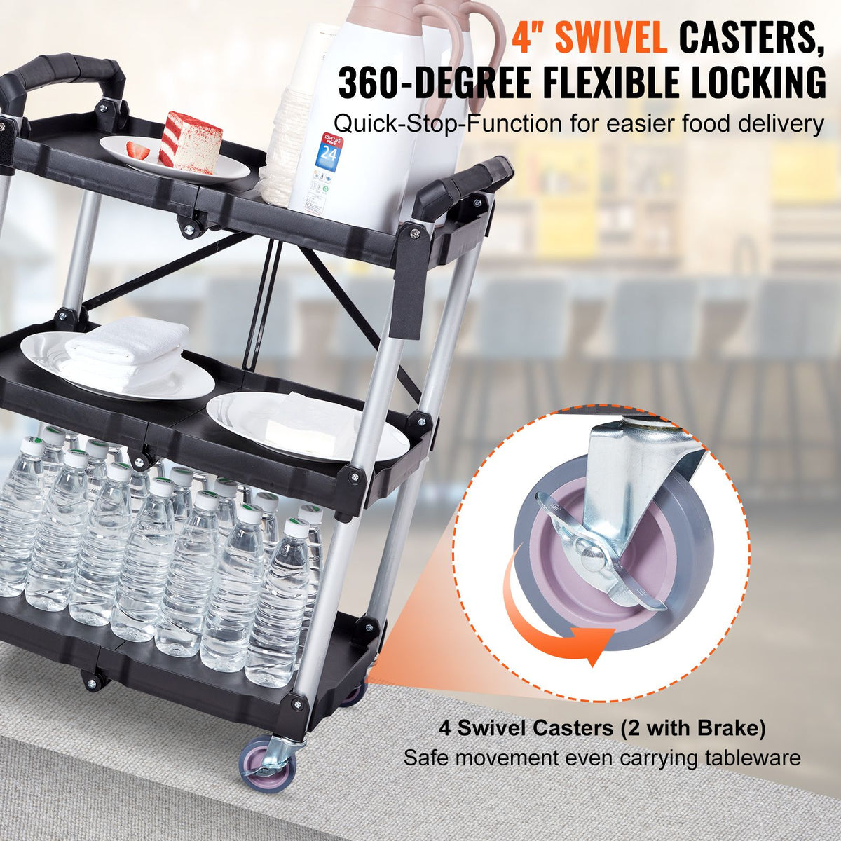 Foldable Utility Service Cart, 3 Shelf 165LBS Heavy Duty Plastic Rolling Cart with Lockable Wheels, Ergonomic Handle, Portable Garage Tool Cart for Warehouse/Office/Home(25.62"x15.43"x32.76")