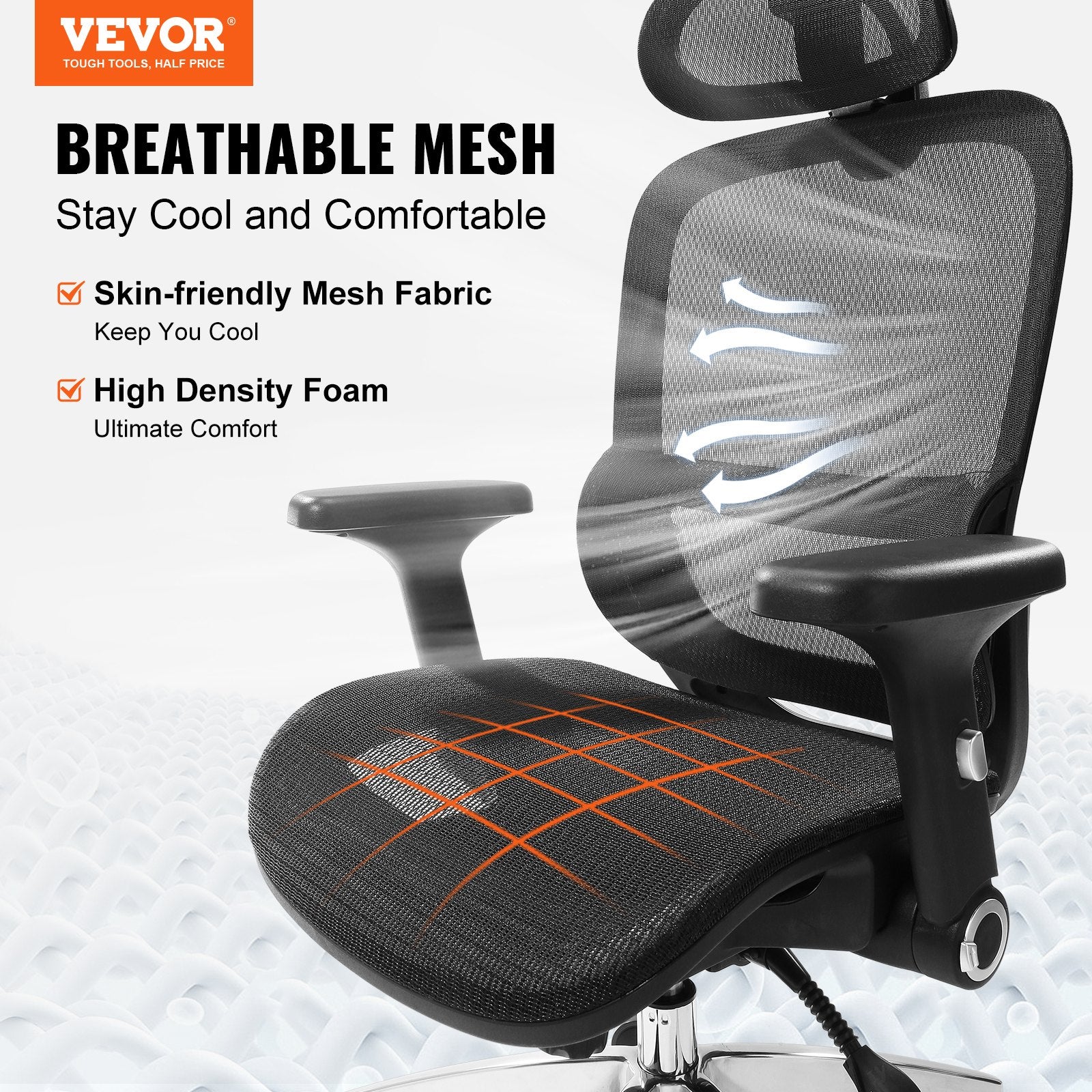 VEVOR Mesh Office Chair, Adjustable High Back Desk Chair with Mesh Seat, Angle and Height Adjustable Home Office Chair with Lumbar and Head Support, Swivel Computer Task Chair