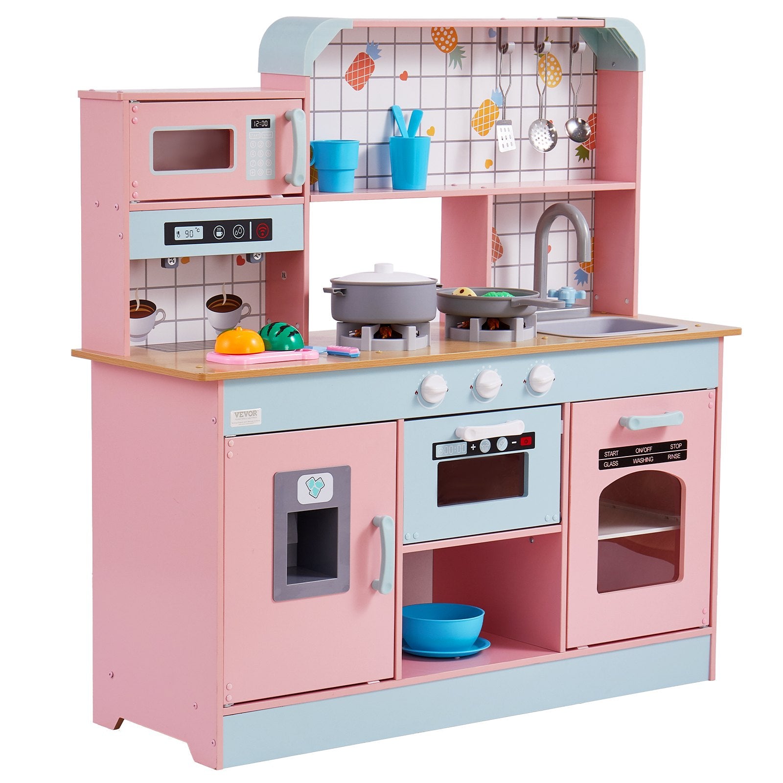 VEVOR Kitchen Playset Kids Pretend Cooking Play Toy 24 Piece Accessories Pink
