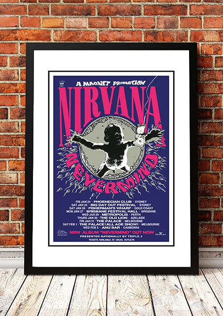 Nirvana 'Nevermind' Australian Tour Poster 1992 - Framed A1