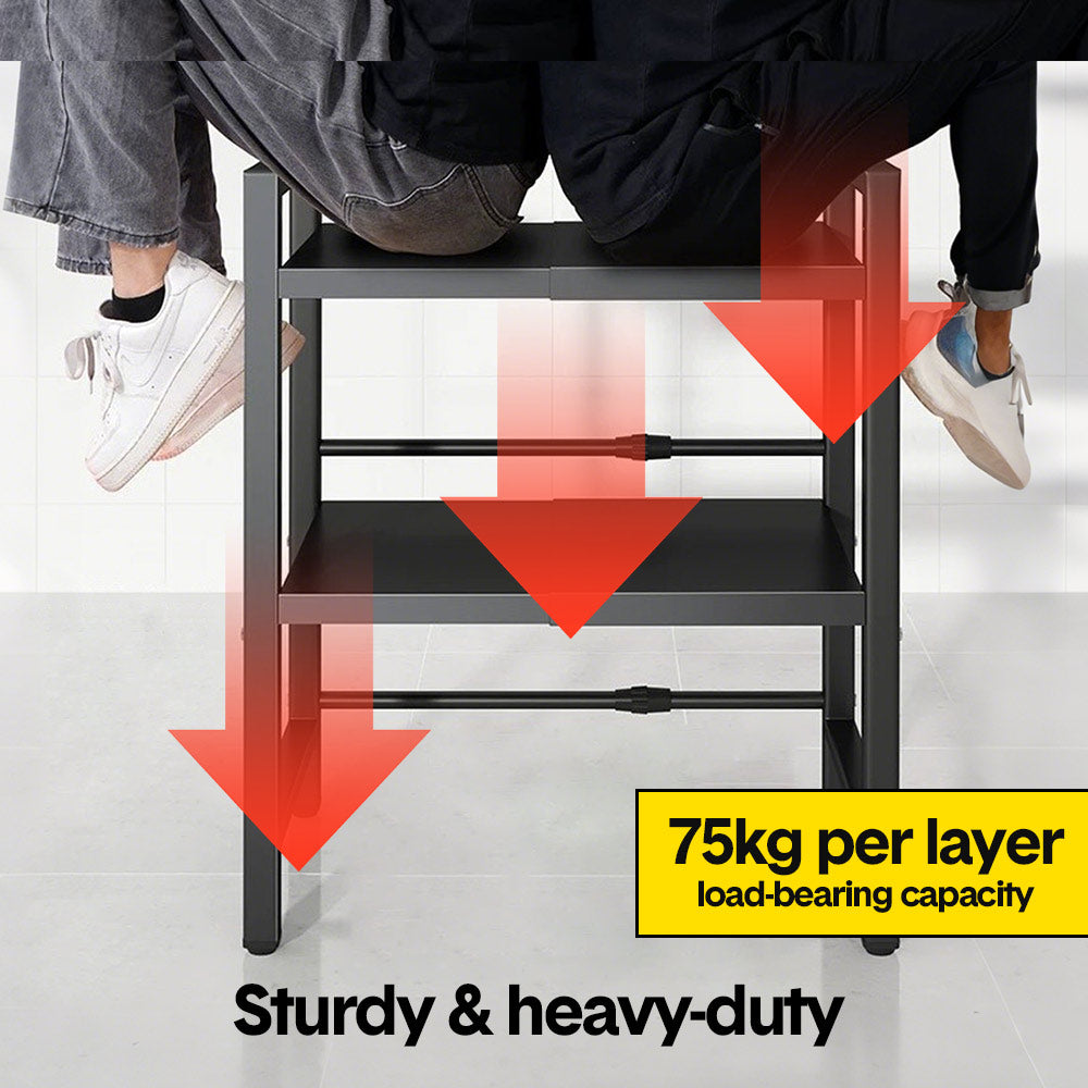 3-Tier Microwave Stand Oven Rack Height Adjustable and Extendable Stainless Steel Kitchen Storage Shelf With 6 Hook Over the Kitchen Counter Max Load 75Kgs