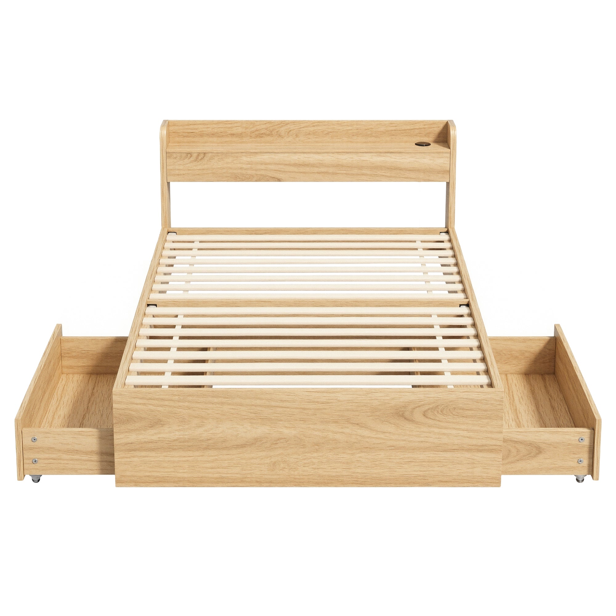 Artiss Single Bed Frame with 2 Storage Drawers Platform Bed Base with USB Ports Sturdy Wooden Slat Support Natural