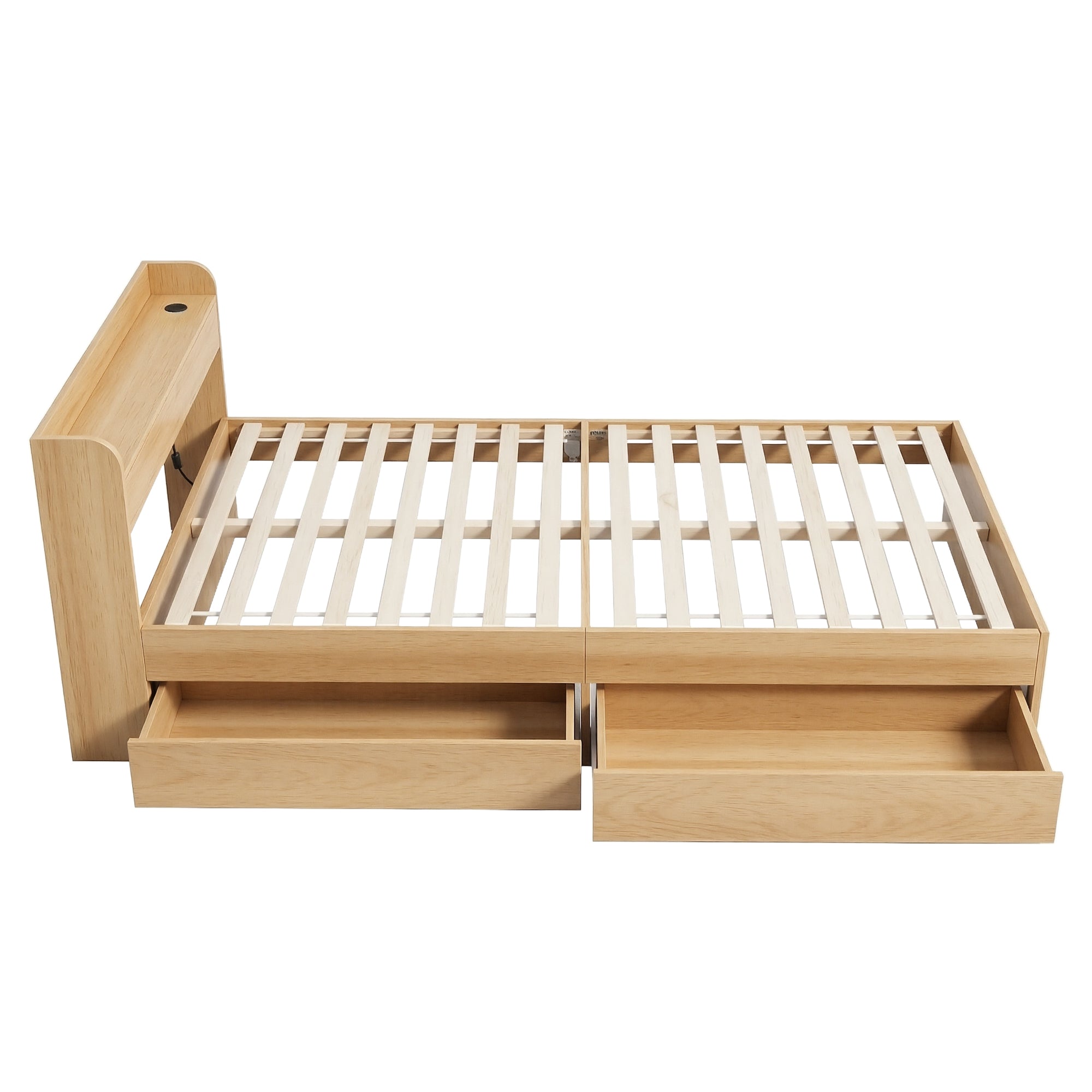 Artiss Single Bed Frame with 2 Storage Drawers Platform Bed Base with USB Ports Sturdy Wooden Slat Support Natural