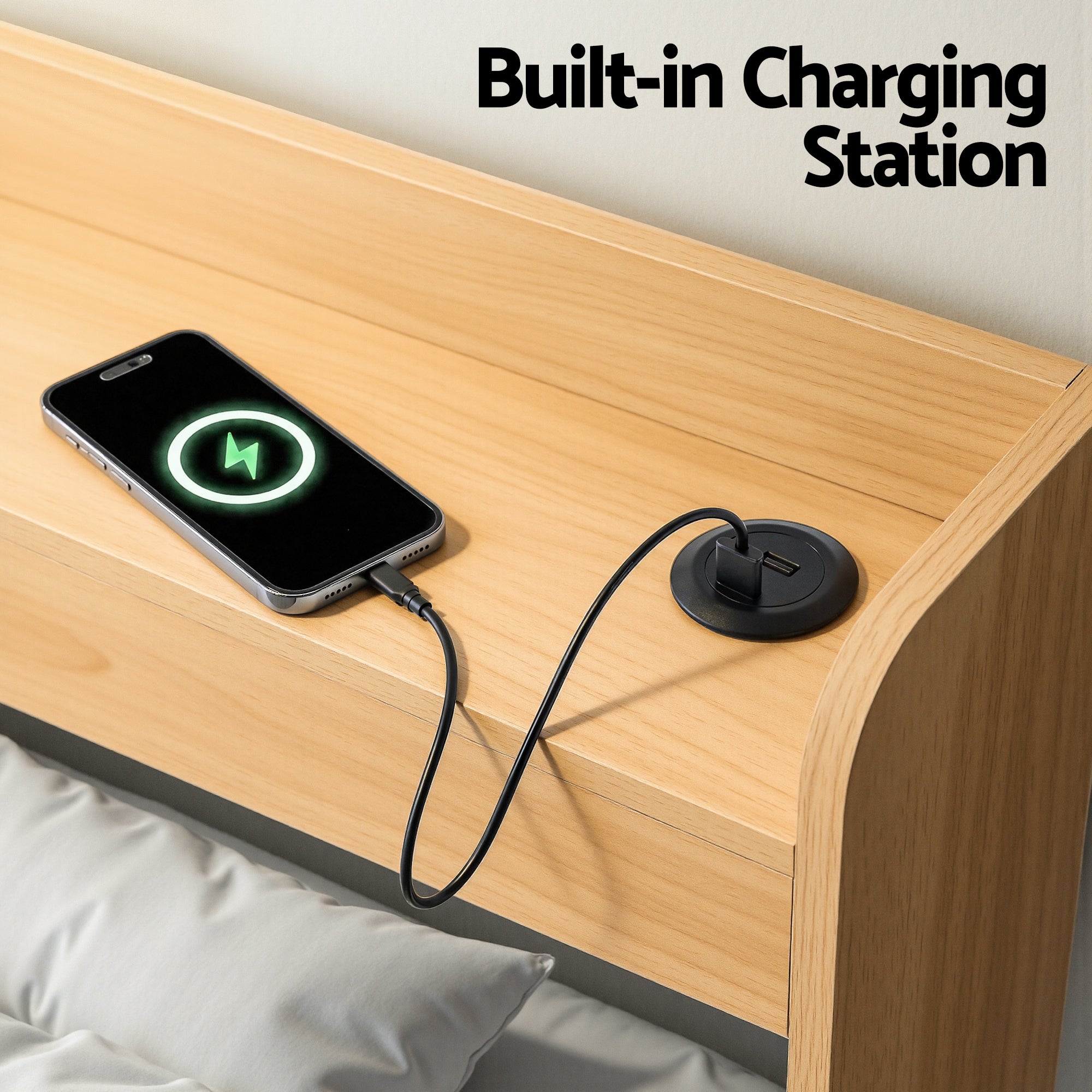 Artiss Single Bed Frame with 2 Storage Drawers Platform Bed Base with USB Ports Sturdy Wooden Slat Support Natural