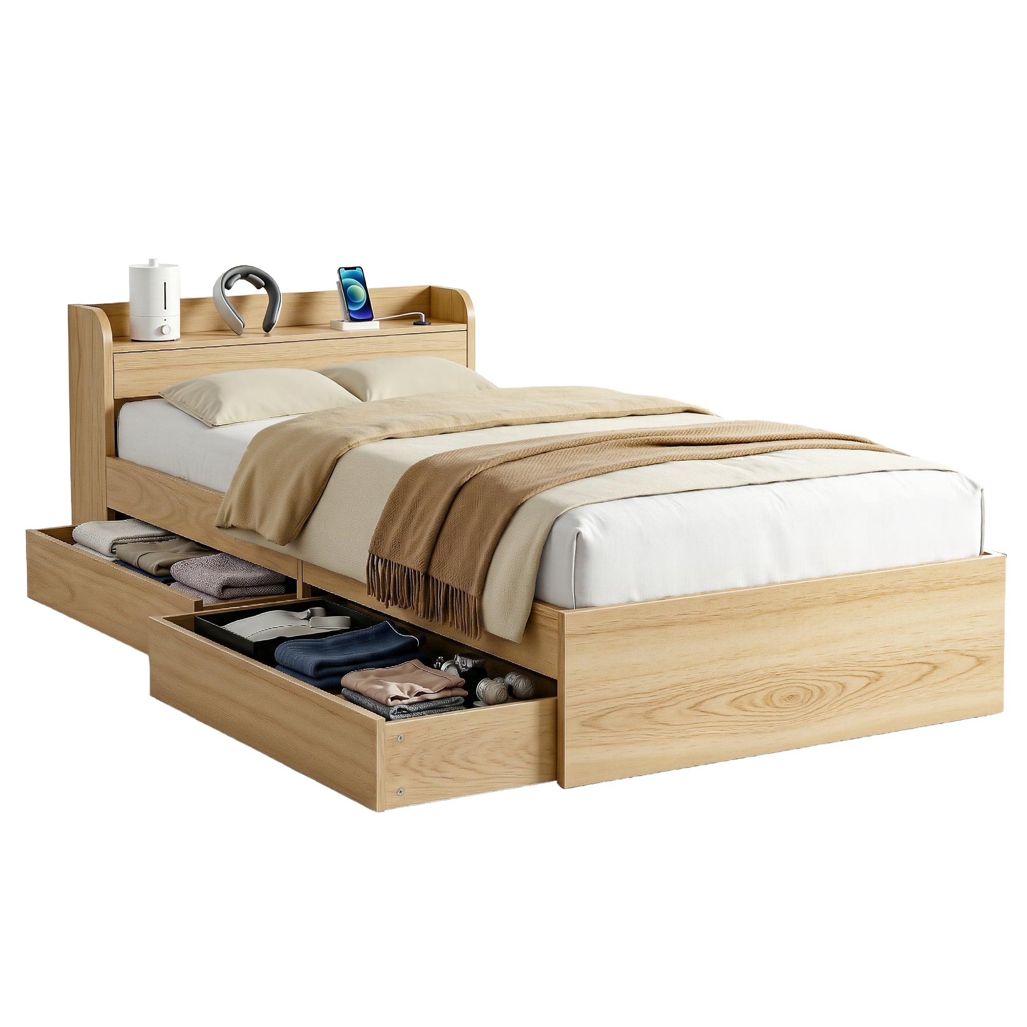 Artiss Single Bed Frame with 2 Storage Drawers Platform Bed Base with USB Ports Sturdy Wooden Slat Support Natural