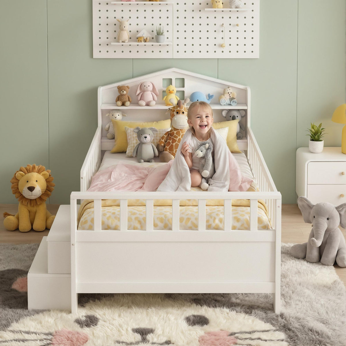 Artiss Single Bed Frame with 2 Storage Drawers, Montessori Bed with Headboard, 2 USB Ports & Led Light, Solid Wood Platform Bed Base with Safety Rail & Ladder, 31CM Under-Bed Storage, White