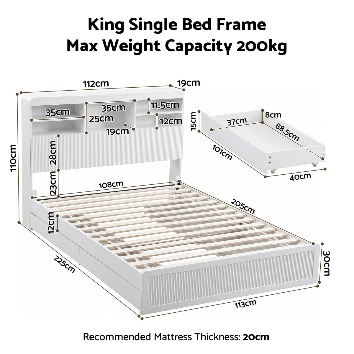 Artiss King Single Bed Frame with Storage, 4 Drawers, USB and Night Light White