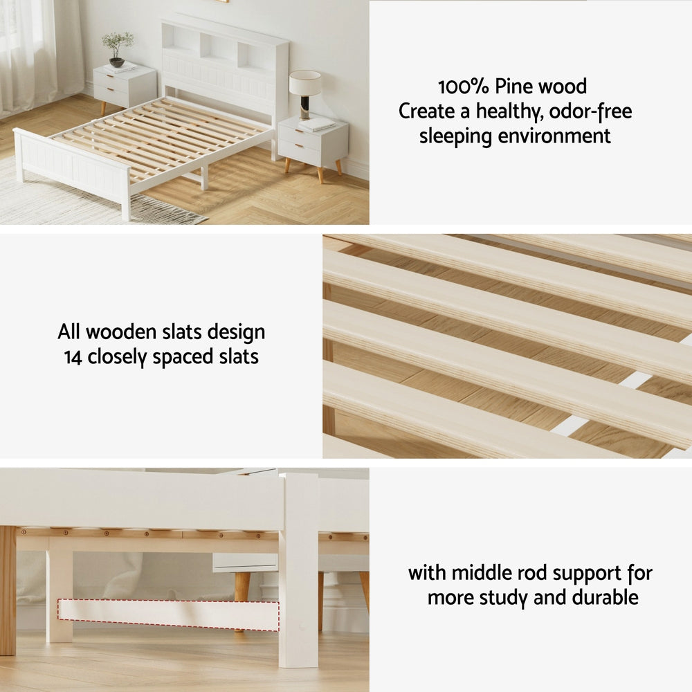 Artiss Bed Frame Double Size Wooden with 3 Shelves Bed Head White