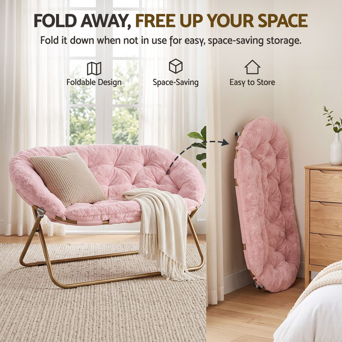 Artiss Double Saucer Chair Soft Faux Fur Lounge Foldable Oversize Chair for Bedroom Pink