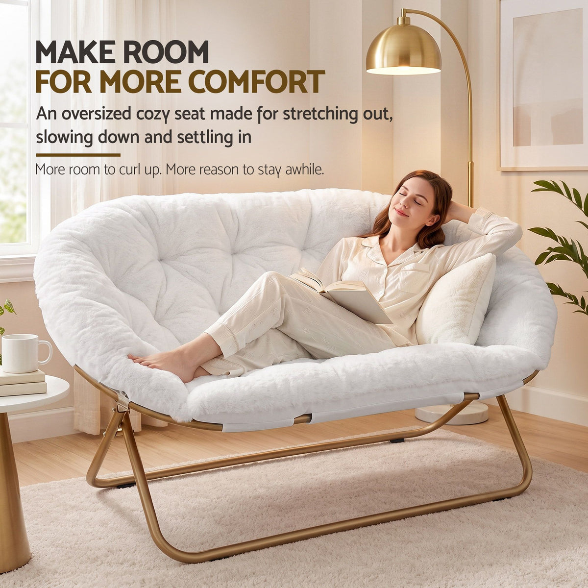 Artiss Double Saucer Chair Soft Faux Fur Lounge Foldable Oversize Chair for Bedroom White