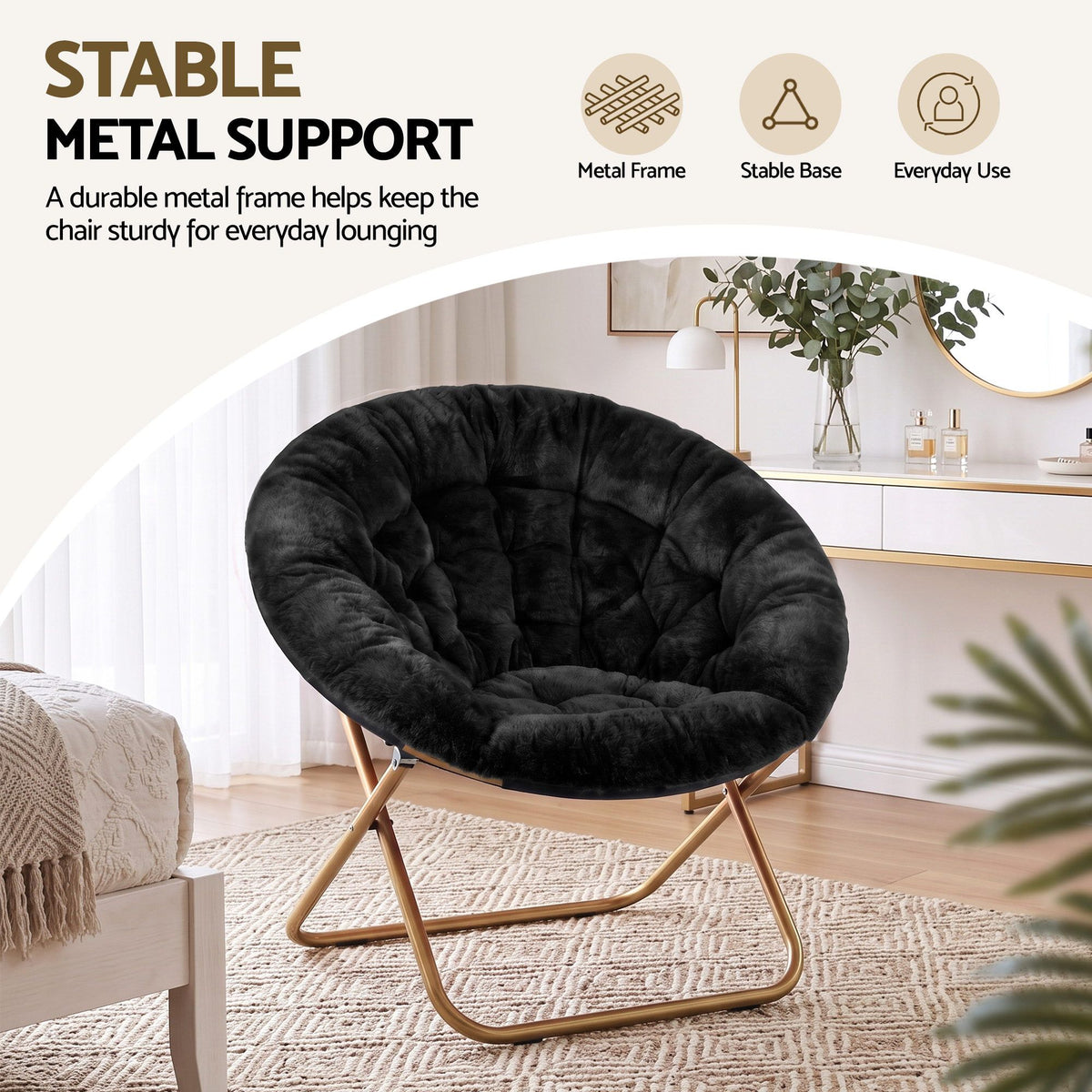 Artiss Cozy Saucer Chair Soft Faux Fur Folding Accent Chair for Bedroom Black