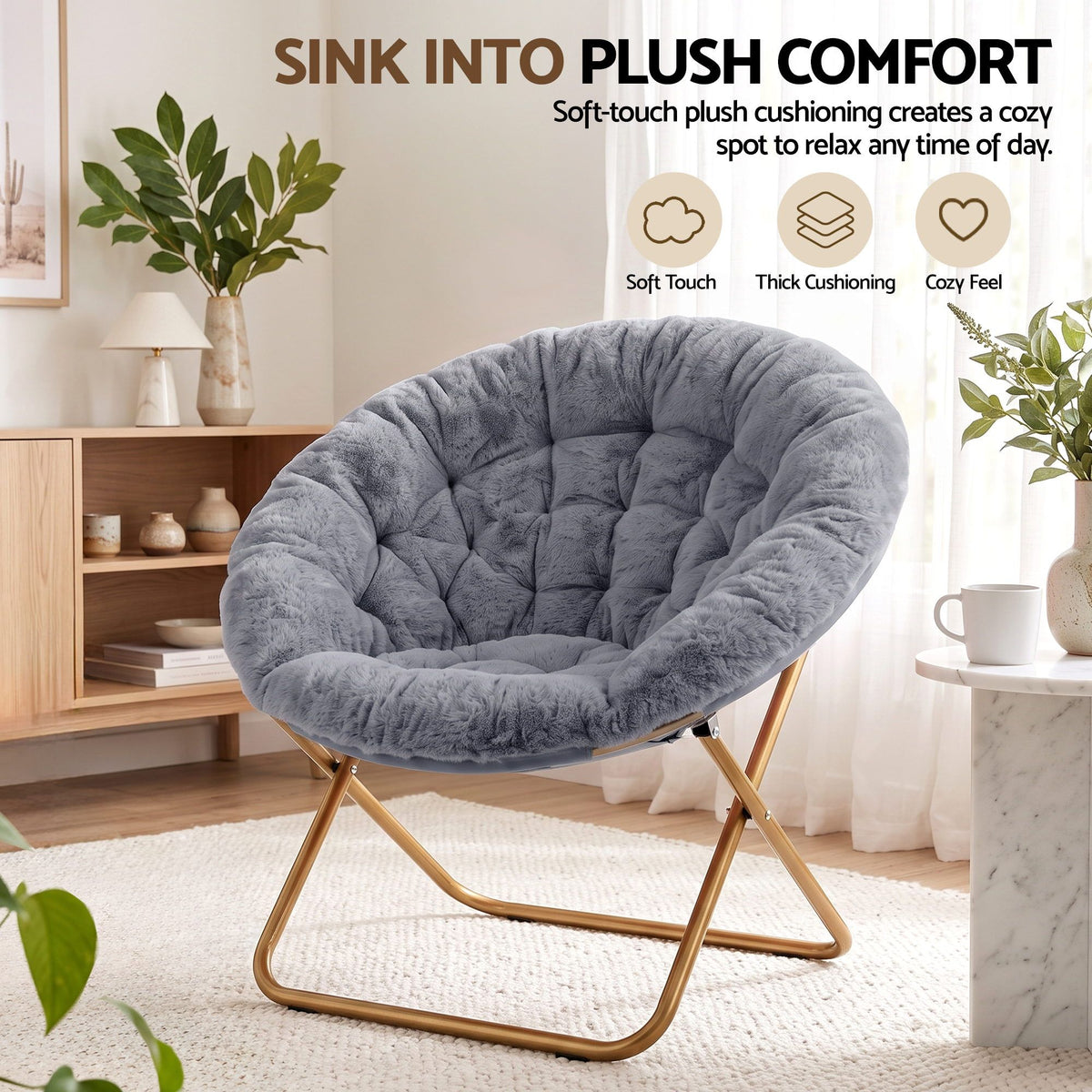 Artiss Cozy Saucer Chair Soft Faux Fur Folding Accent Chair for Bedroom Grey