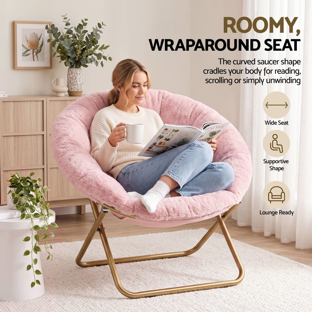 Artiss Cozy Saucer Chair Soft Faux Fur Folding Accent Chair for Bedroom Pink