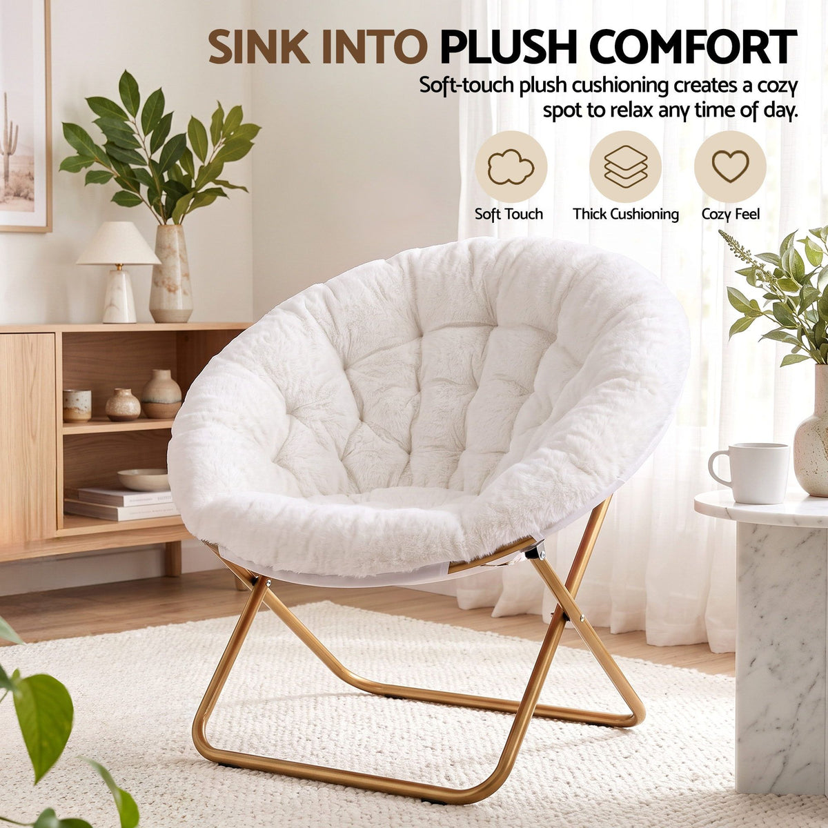 Artiss Cozy Saucer Chair Soft Faux Fur Folding Accent Chair for Bedroom White