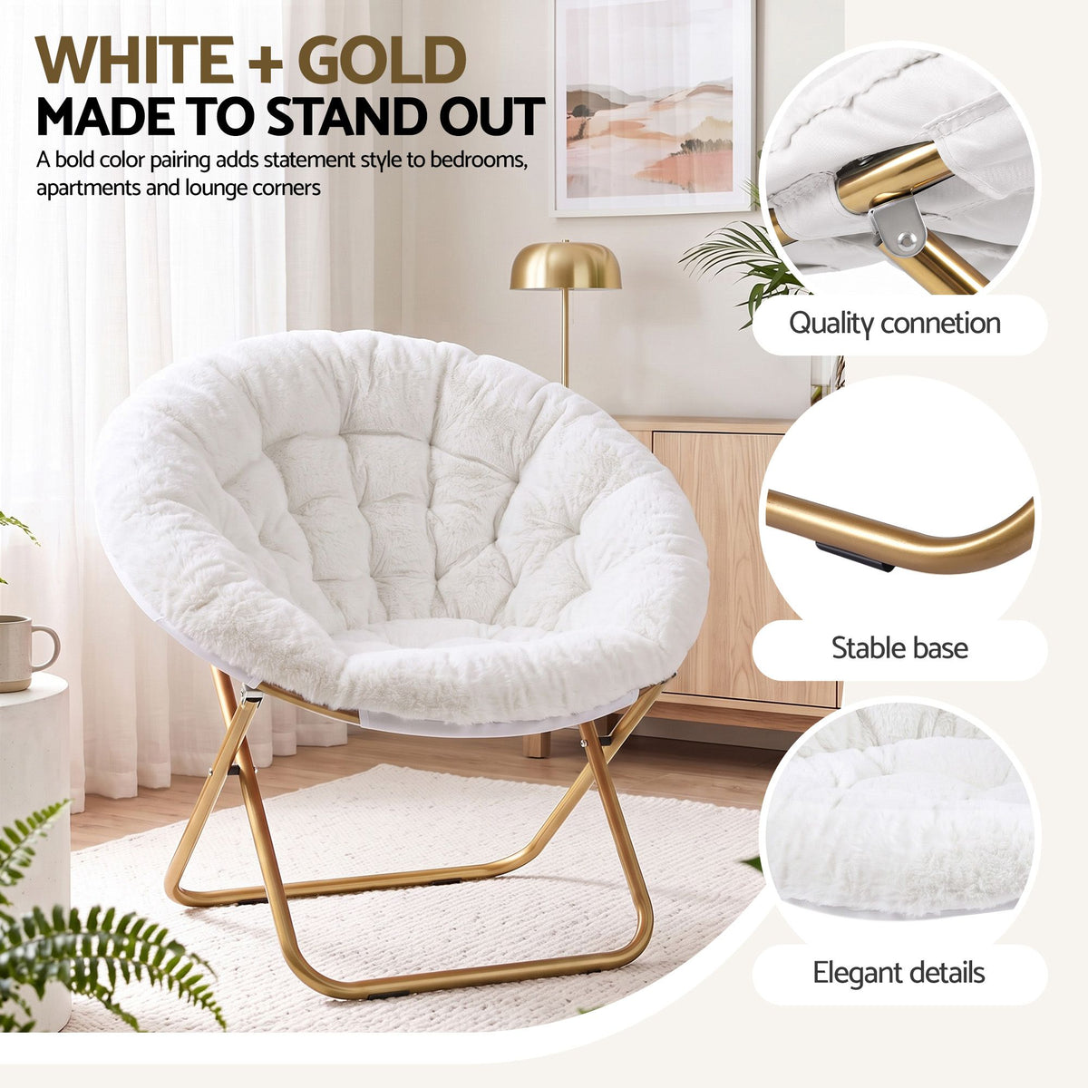 Artiss Cozy Saucer Chair Soft Faux Fur Folding Accent Chair for Bedroom White