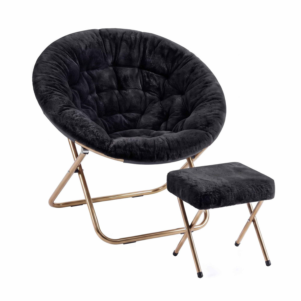 Artiss Comfy Saucer Chair Soft Faux Fur Foldable Accent Chair with Ottoman Black