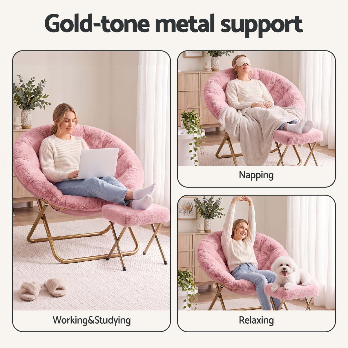 Artiss Comfy Saucer Chair Soft Faux Fur Foldable Accent Chair with Ottoman Pink