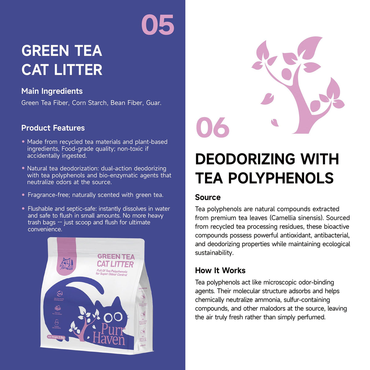PurrHaven Green Tea Clumping Cat & Kitty Litter, 7.5kg (3 Pack),Dust Free,Natural Flusable,Easy to Clean,Odour Neutraliser,Rapid Liquid Absorption,Non-Toxic Formula