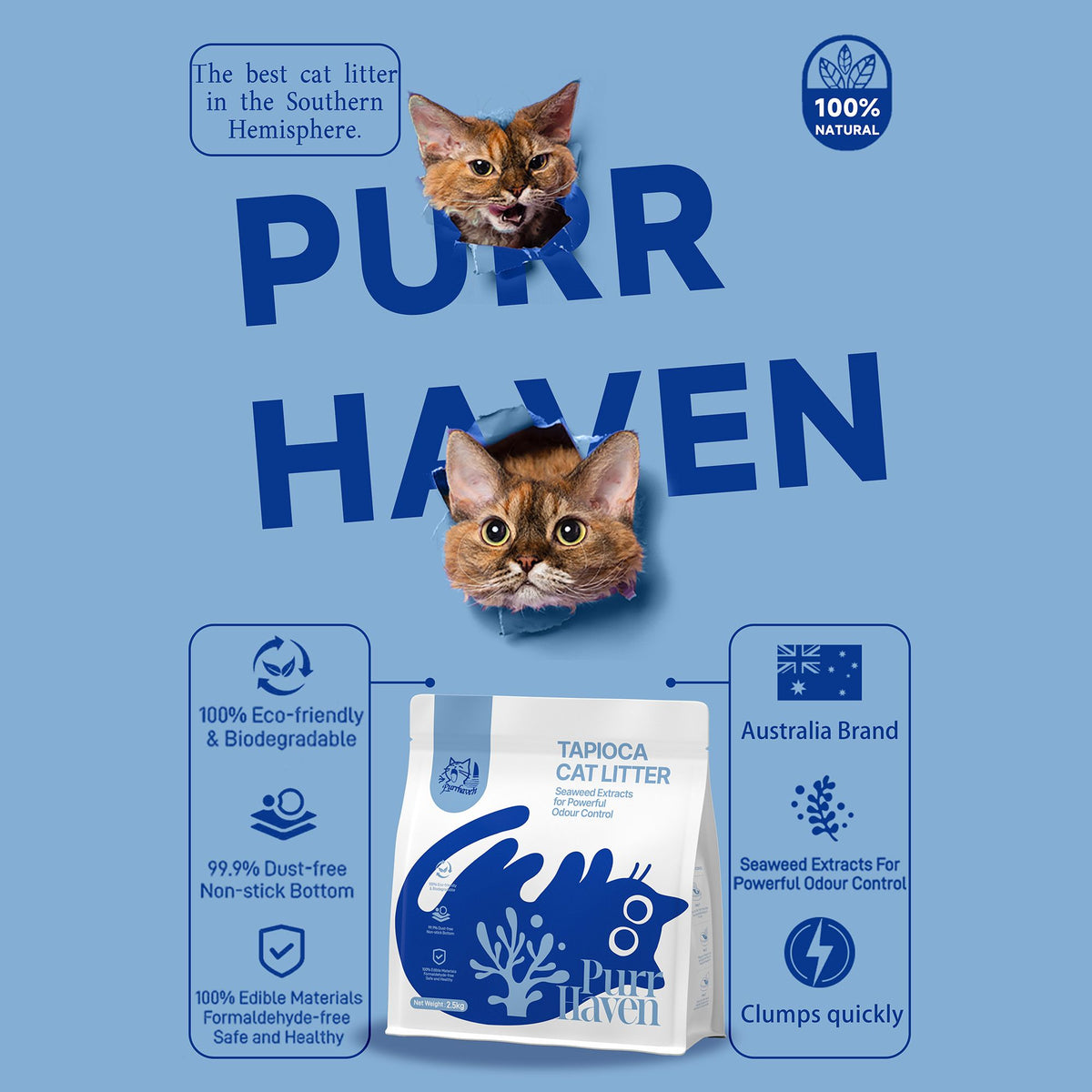 PurrHaven Tapioca Clumping Cat & Kitty Litter, 7.5kg (3 Pack),Dust Free,Easy to Clean,Odour Neutraliser,Rapid Liquid Absorption,Non-Toxic Formula