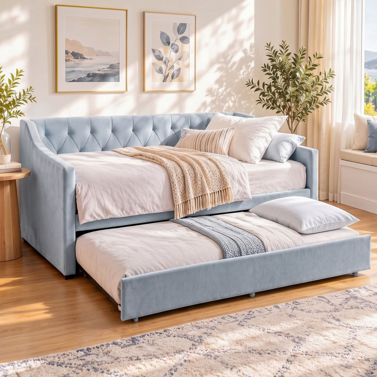 Artiss Single Buttonless Tufted Daybed Frame & Trundle, Blue