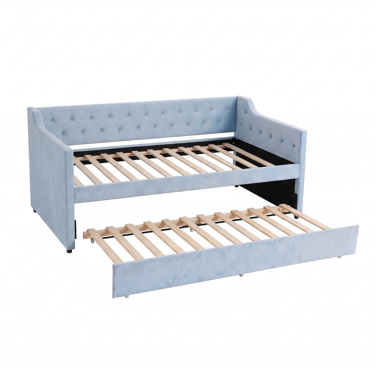 Artiss Single Buttonless Tufted Daybed Frame & Trundle, Blue