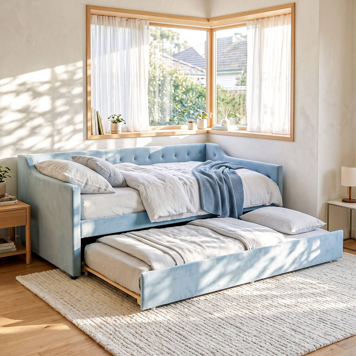 Artiss Single Buttonless Tufted Daybed Frame & Trundle, Blue
