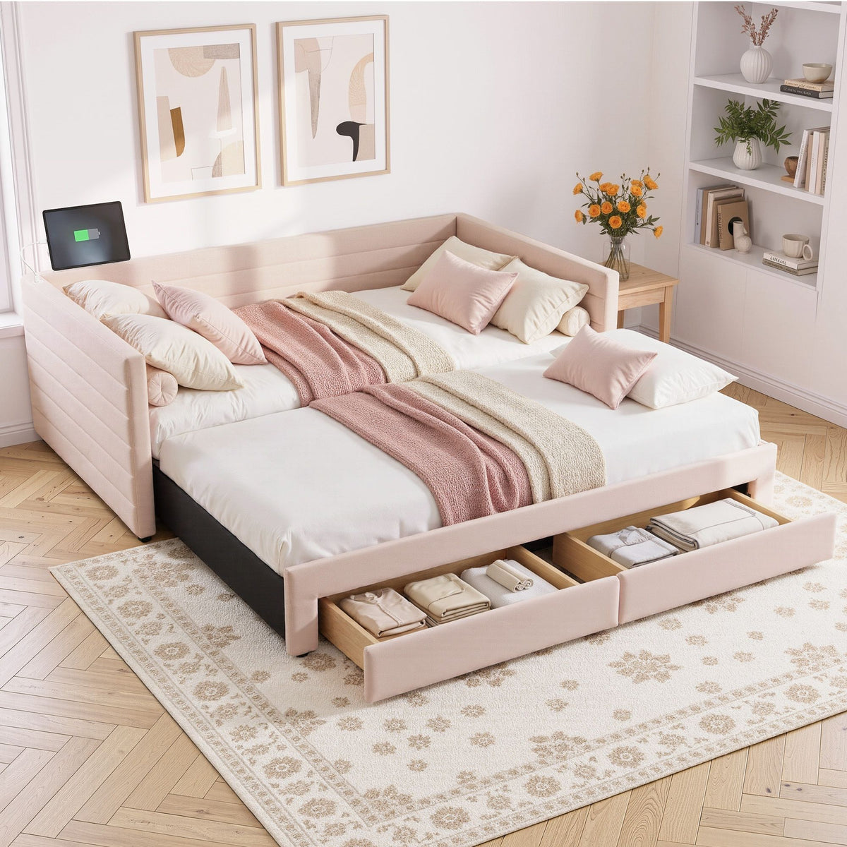 Artiss Single Extendable Daybed with 2 Storage Drawers, Pink